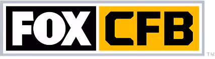 Fox CFB logo with bold white FOX text on black background and bold black CFB text on orange background.