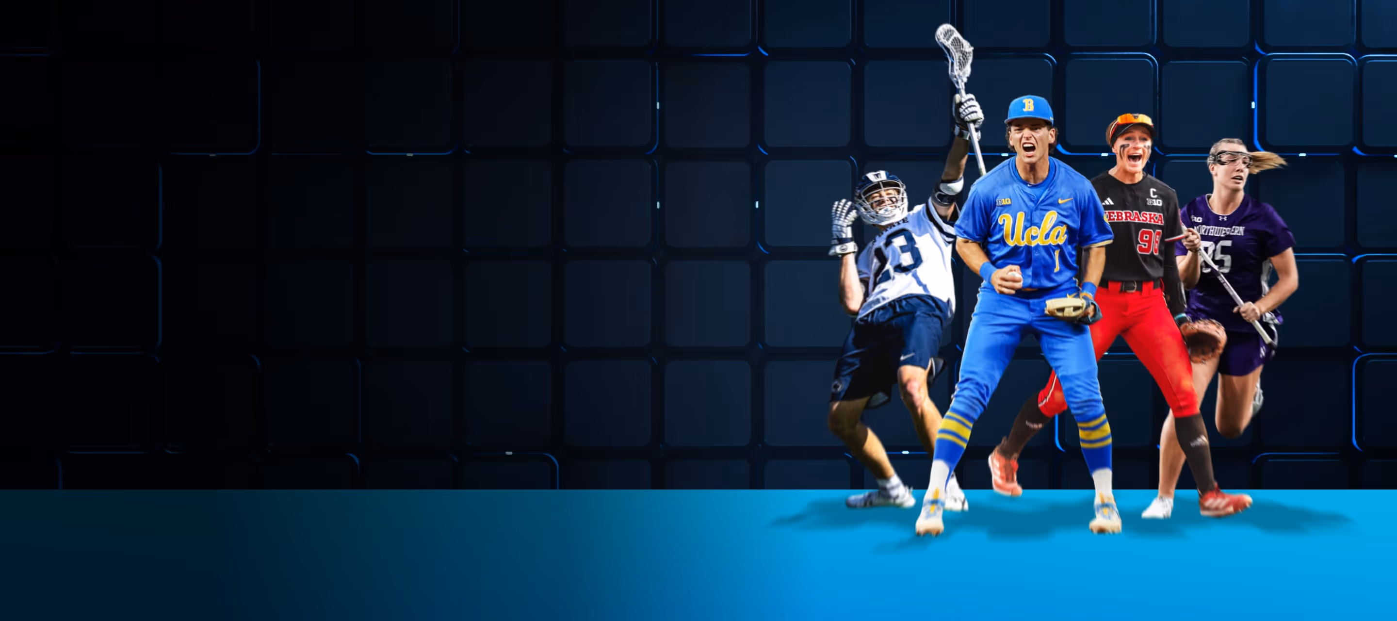 Four athletes from different sports in uniform against a dark grid background: a male lacrosse player, a male baseball player in UCLA gear, a male softball player in Nebraska gear, and a female lacrosse player.