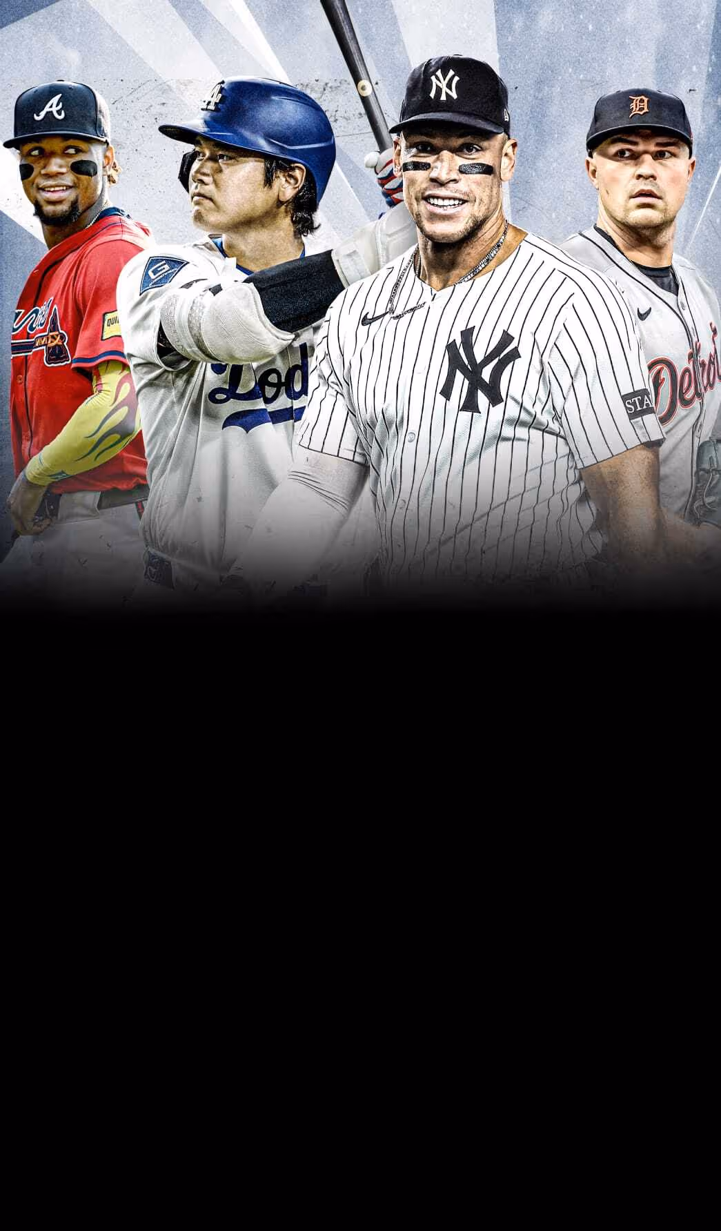 Four MLB baseball players in uniforms of the Atlanta Braves, Los Angeles Dodgers, New York Yankees, and Detroit Tigers.