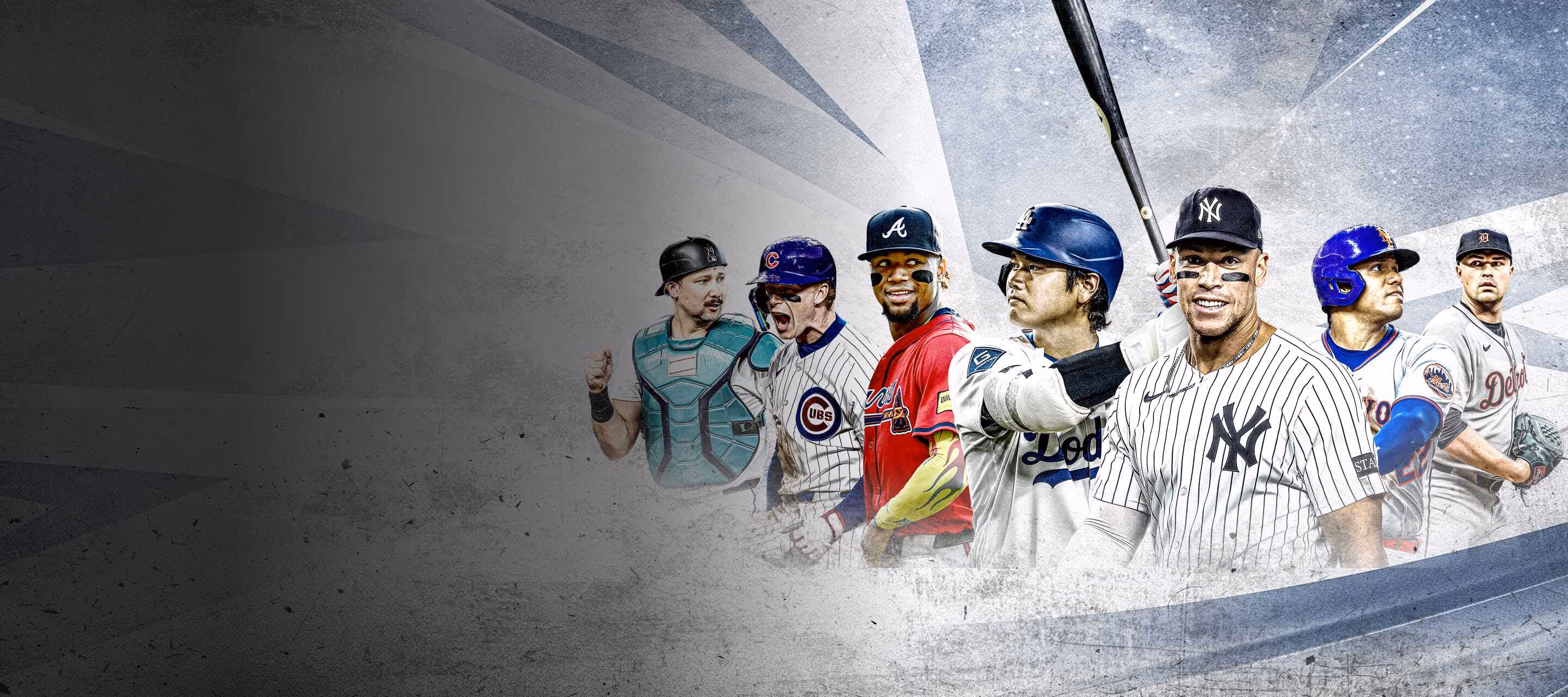 Seven MLB players in team uniforms, including Yankees, Dodgers, Mets, Cubs, Braves, and Tigers, posed with baseball gear on a textured background.