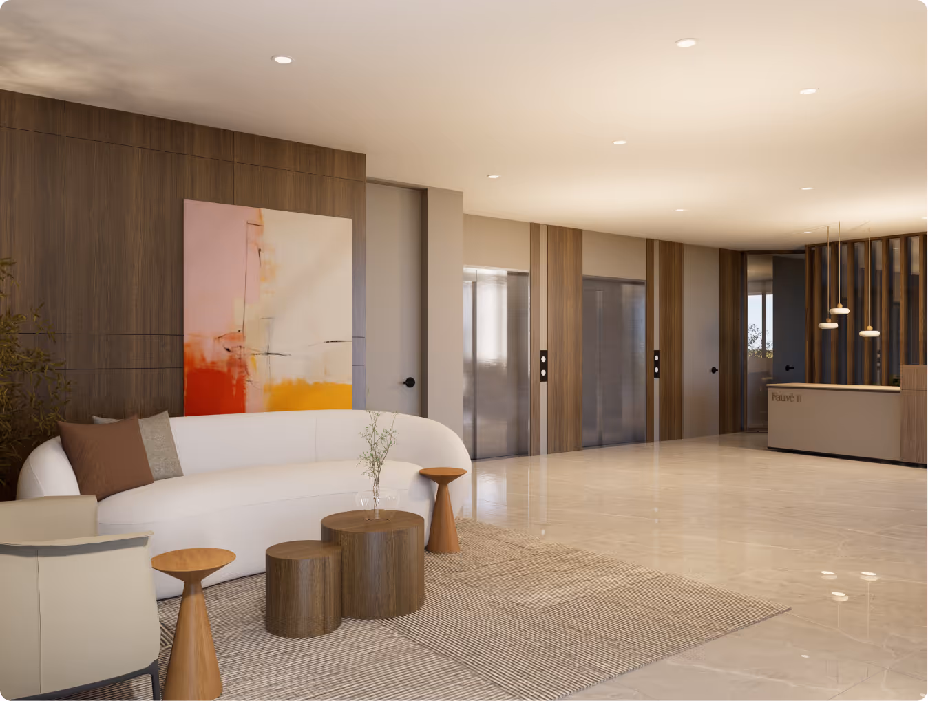 Modern lobby interior with white curved sofa, wooden tables, abstract wall art, elevators, and reception desk.