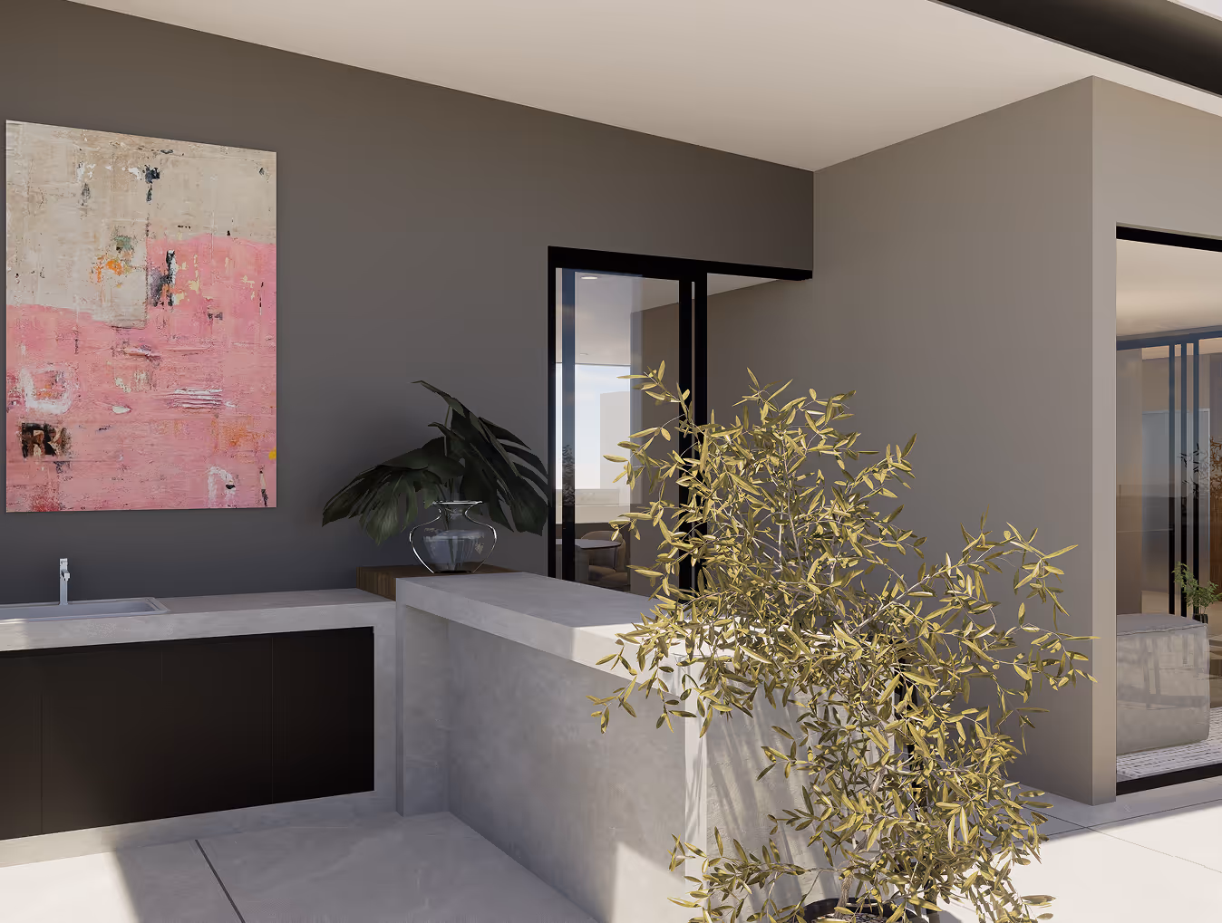 Modern outdoor patio area with a concrete countertop and sink, a large leafy plant, a glass vase, and abstract pink and beige wall art.