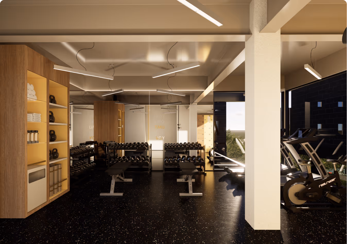 Modern gym interior with benches, dumbbell racks, kettlebells, towels, and stationary bikes near a large window.