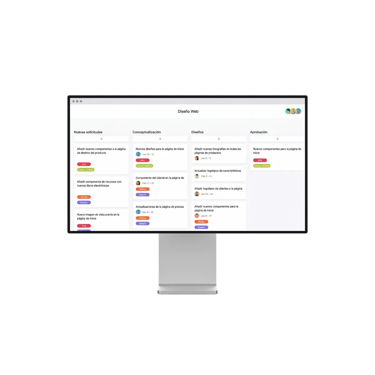 Monitor mostrando un tablero de gestión de proyectos para diseño web con columnas de nuevas solicitudes, conceptualización, diseños y aprobación.