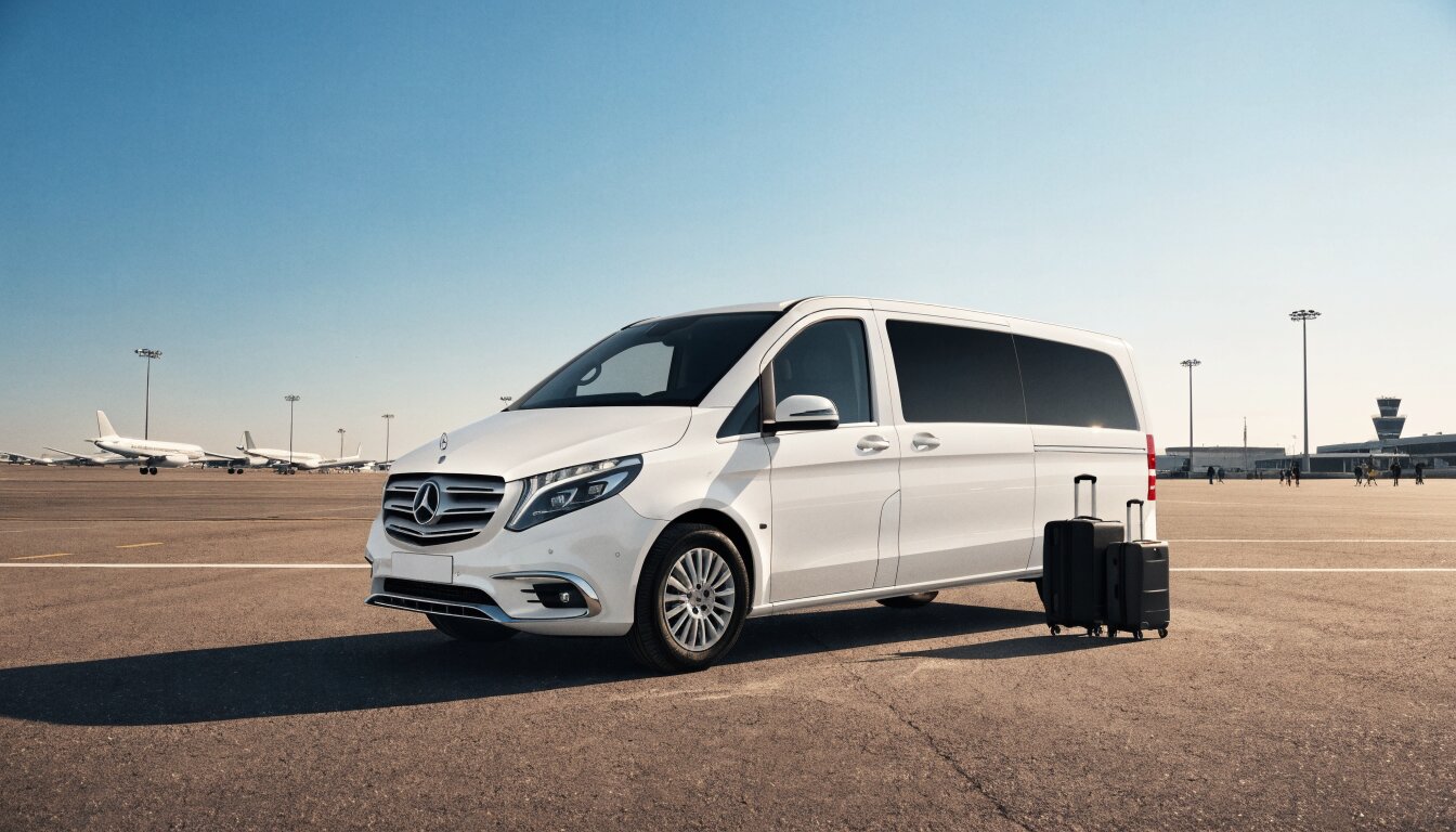 Mercedes Vito private transfer vehicle outside Tallinn Airport terminal