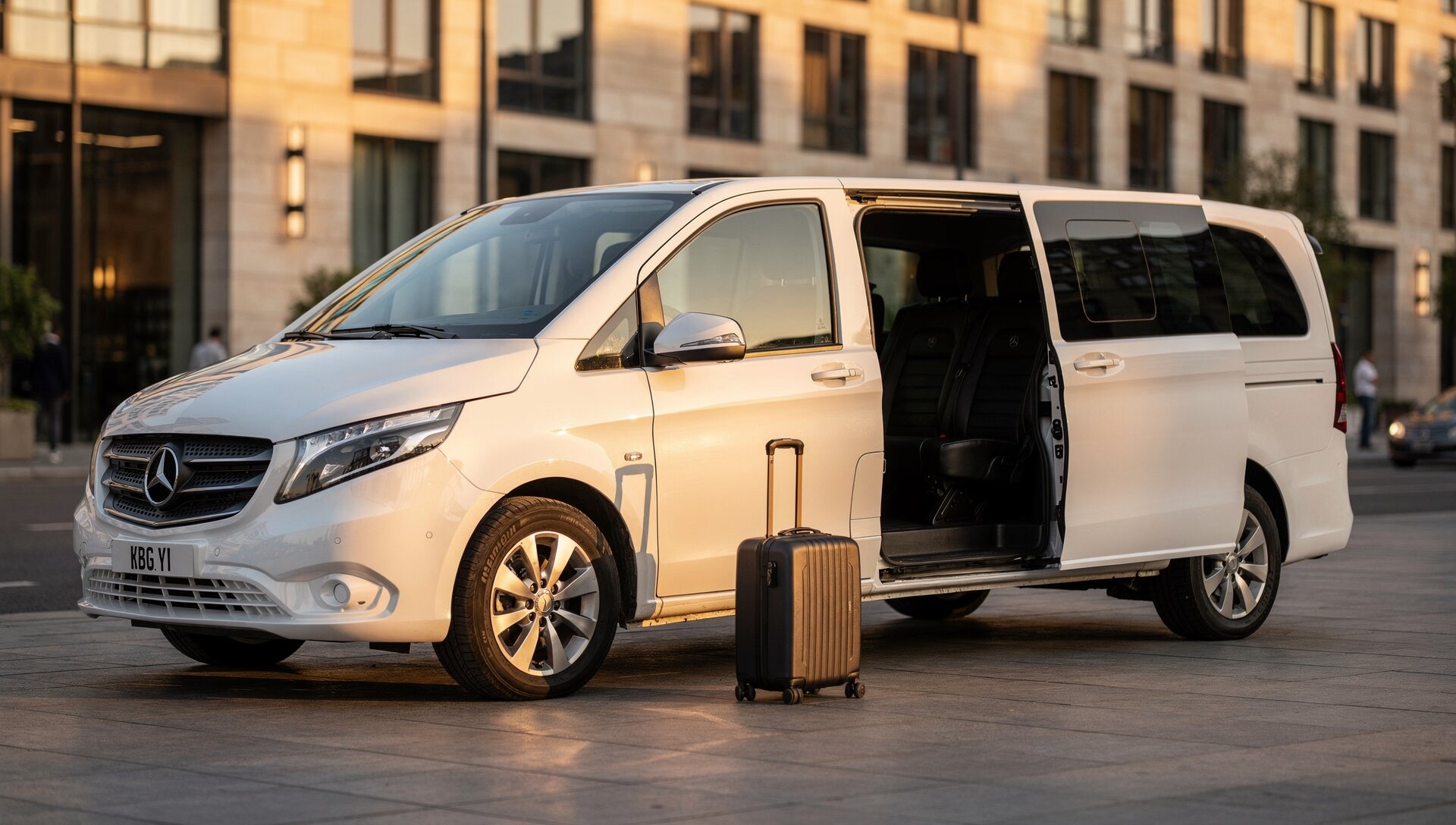 Mercedes Vito private chauffeur service vehicle with open door ready for passengers