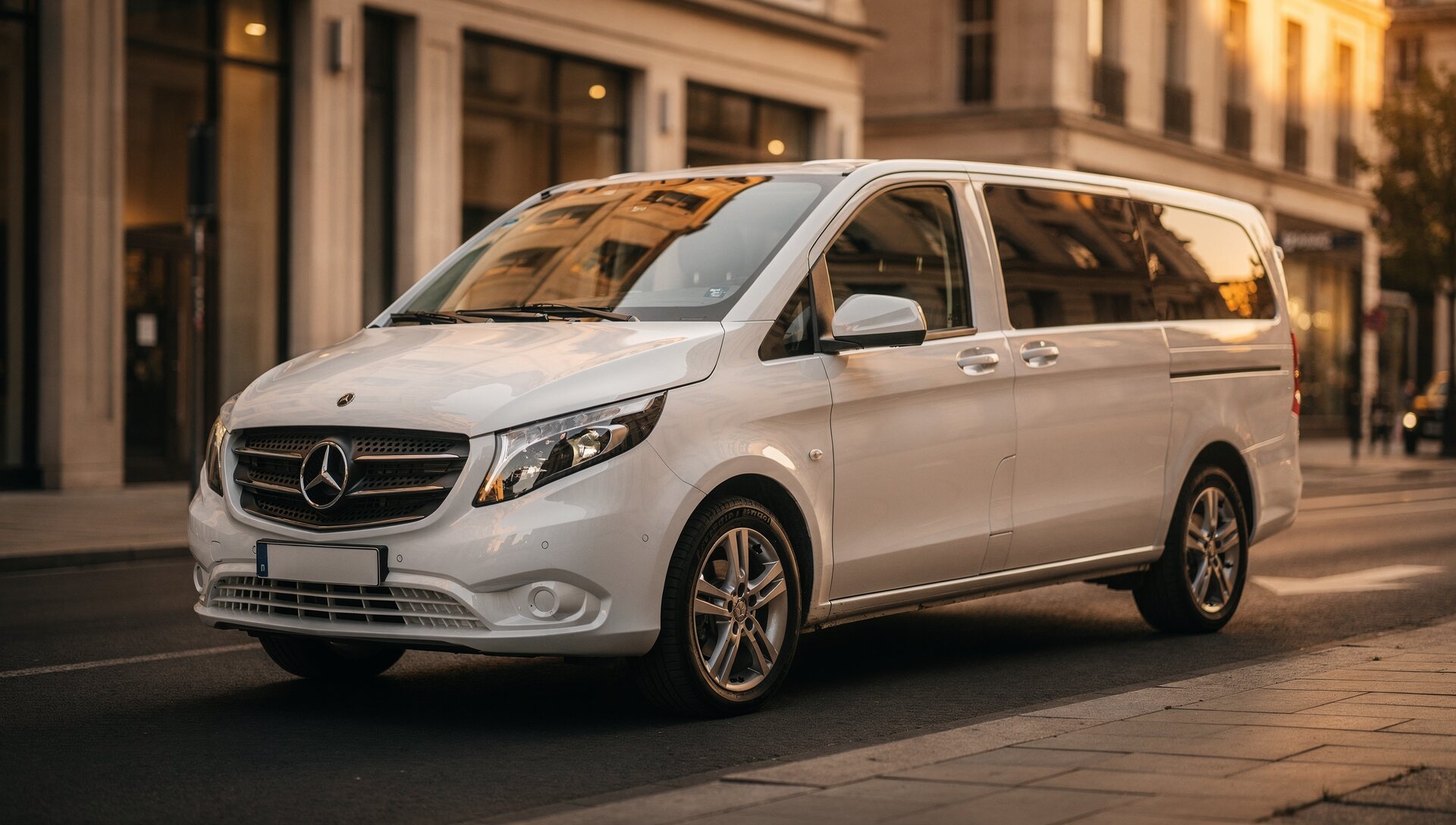 Mercedes Vito private chauffeur service vehicle on elegant city street