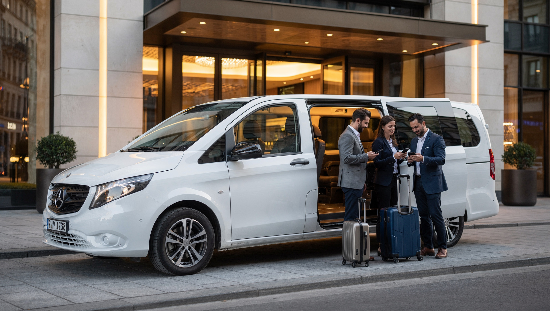 Small group of travelers near a Mercedes-Benz Vito at a hotel in Tallinnl