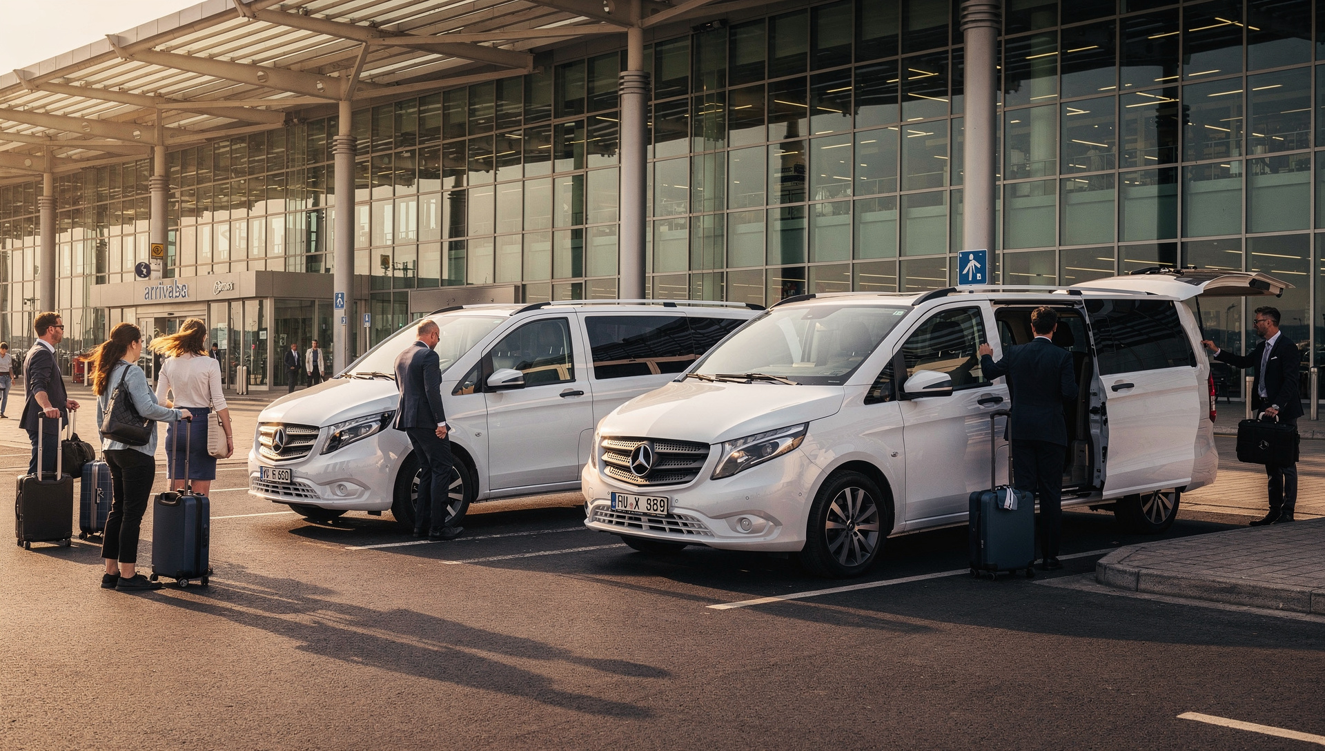 Airport transfer passengers with luggage near a Mercedes-Benz Vito at Tallinn Airport