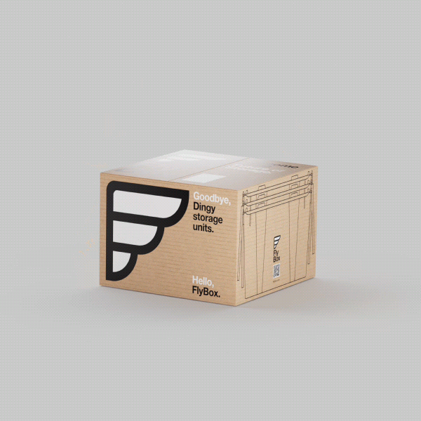 Animated cardboard box with FlyBox logo and text saying Goodbye, Dingy storage units. Hello, FlyBox, unfolding into a sleek, modern storage unit.