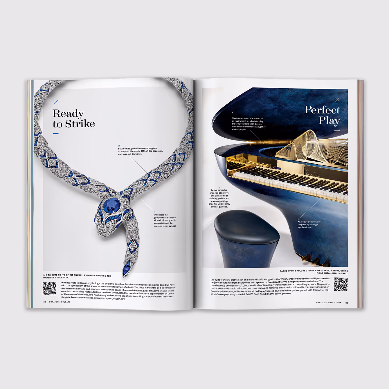 Open magazine spread showing a snake-shaped diamond and sapphire necklace on the left page and a blue grand piano with matching stool on the right page.