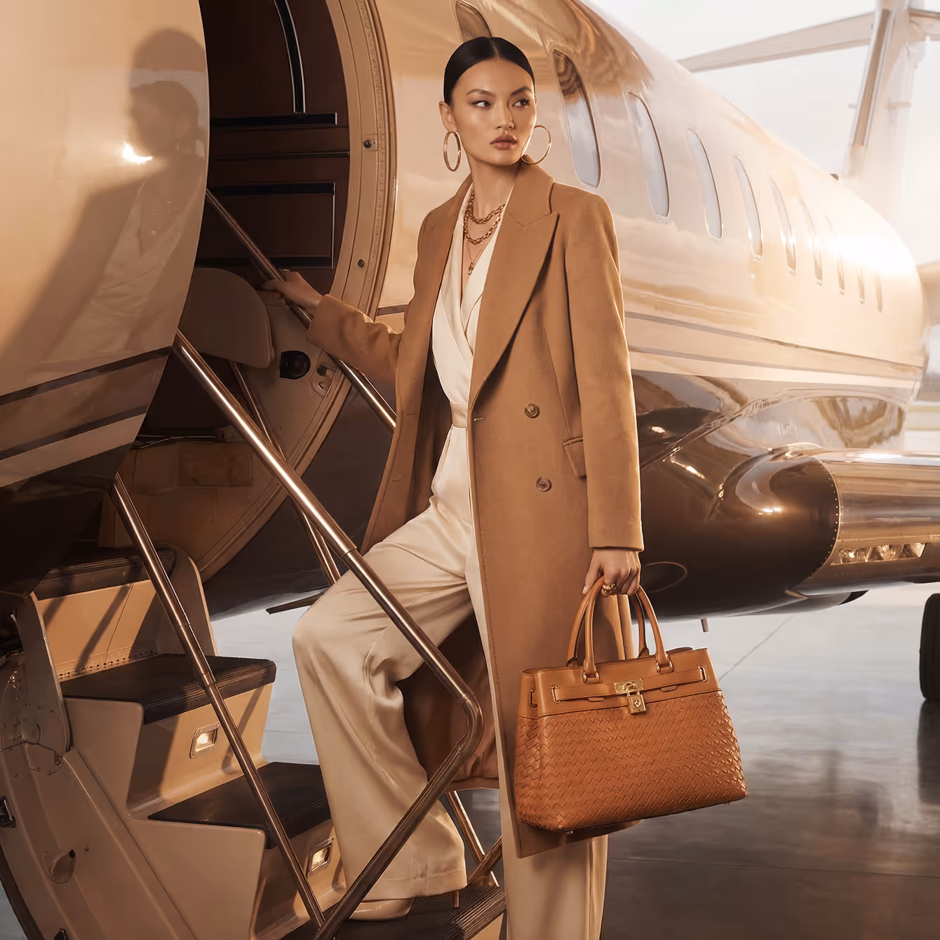 Fashionable woman in beige coat and cream jumpsuit boarding a private jet while holding a woven leather handbag.