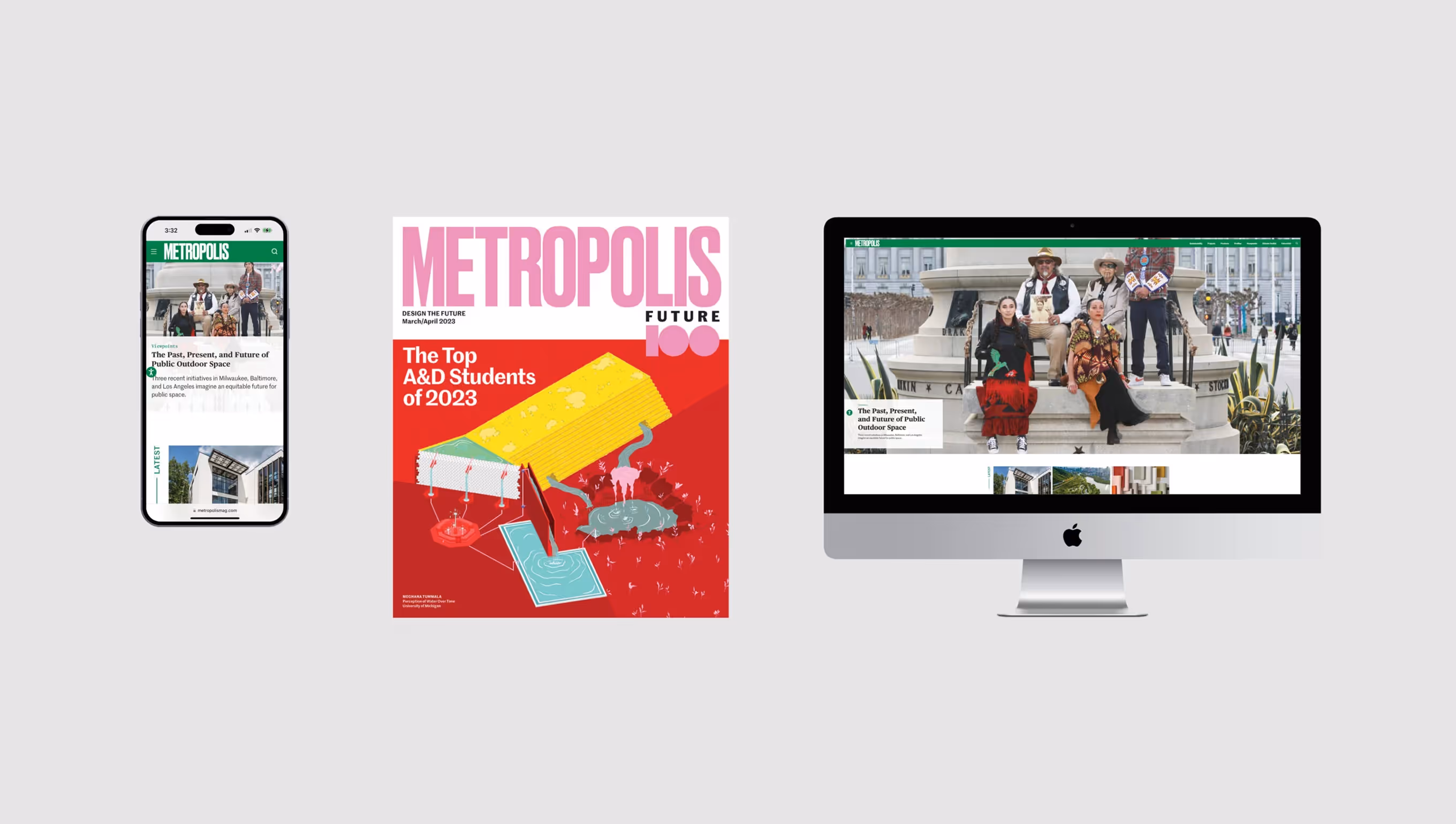 A smartphone and a desktop computer displaying Metropolis magazine's article 'The Past, Present, and Future of Public Outdoor Space' and a Metropolis Future magazine cover titled 'The Top A&D Students of 2023' with an abstract architectural illustration.