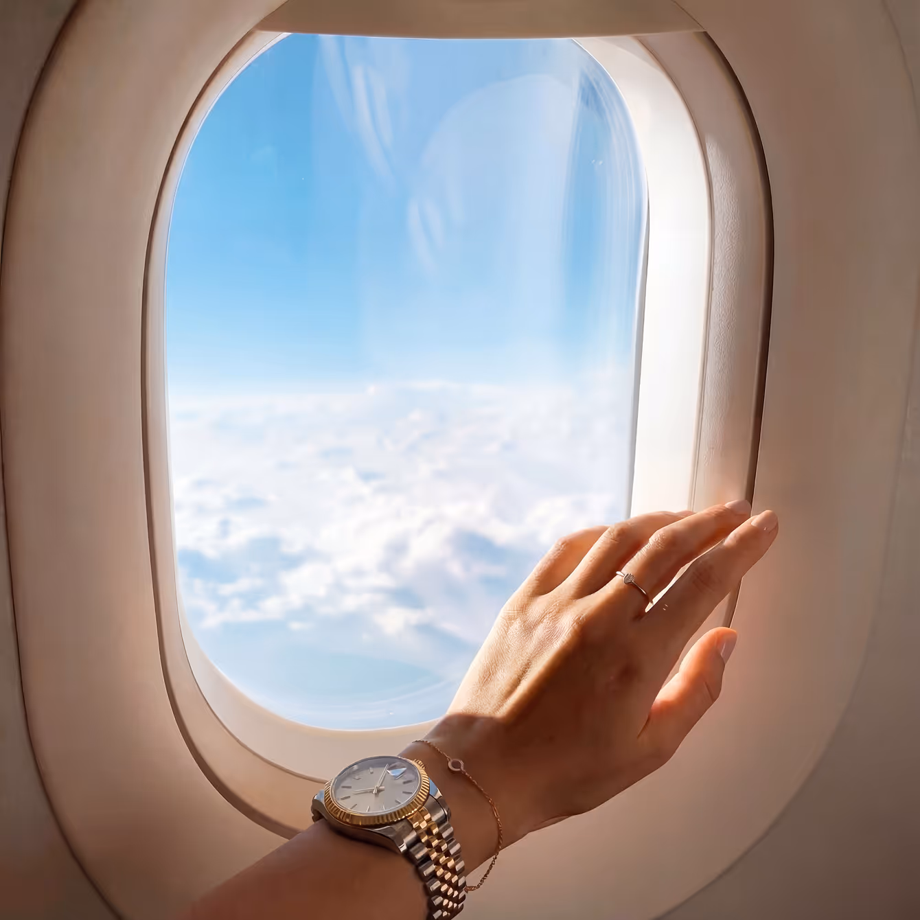 Hand wearing a watch and bracelet resting near an airplane window showing clouds and blue sky outside.