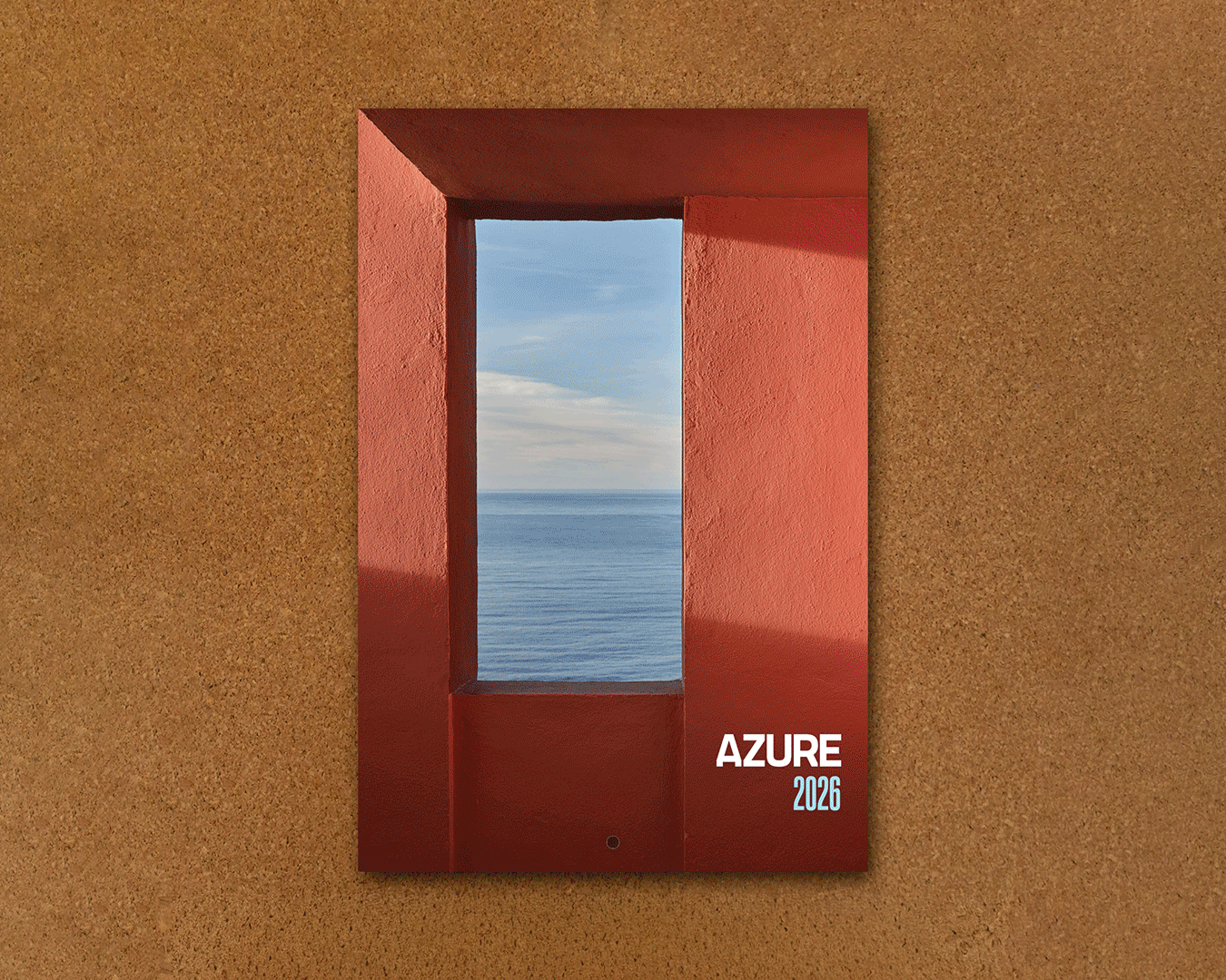 Poster featuring a rectangular orange window frame with a sea and sky view inside, titled Azure 2026.