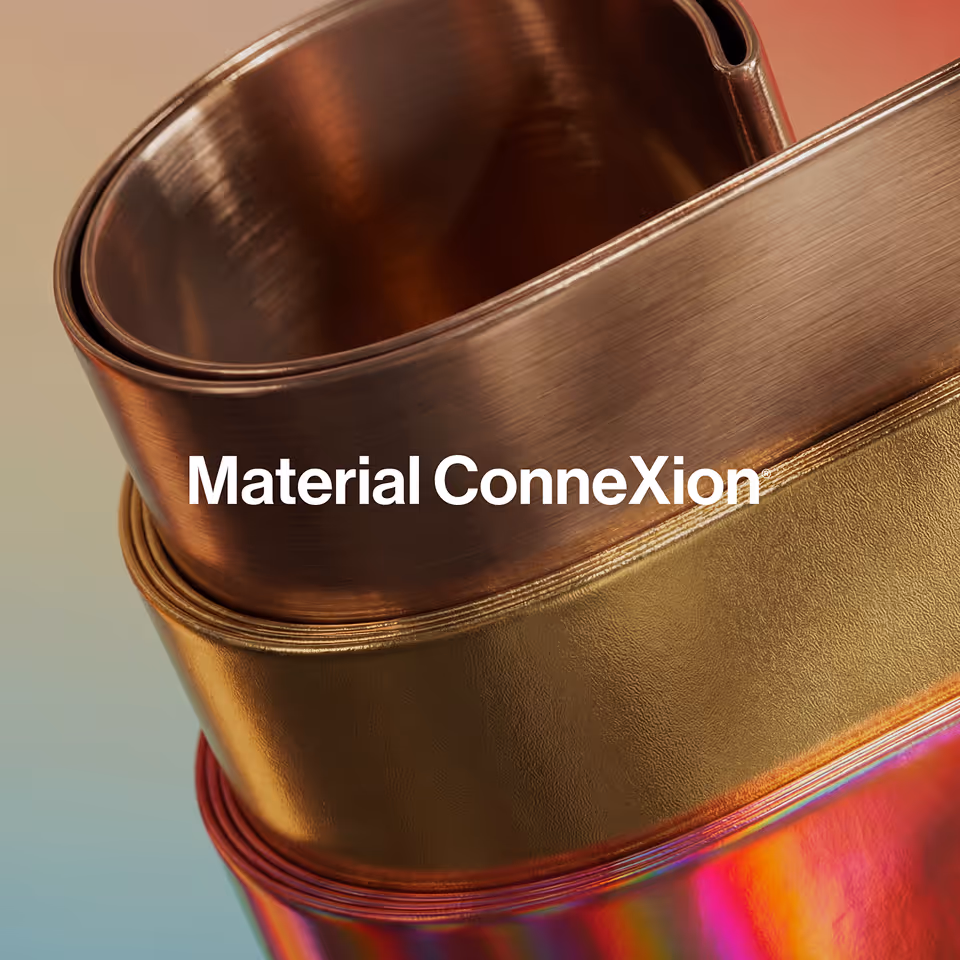 Stacked metallic strips in copper, gold, and iridescent colors with the text 'Material ConneXion' overlayed.