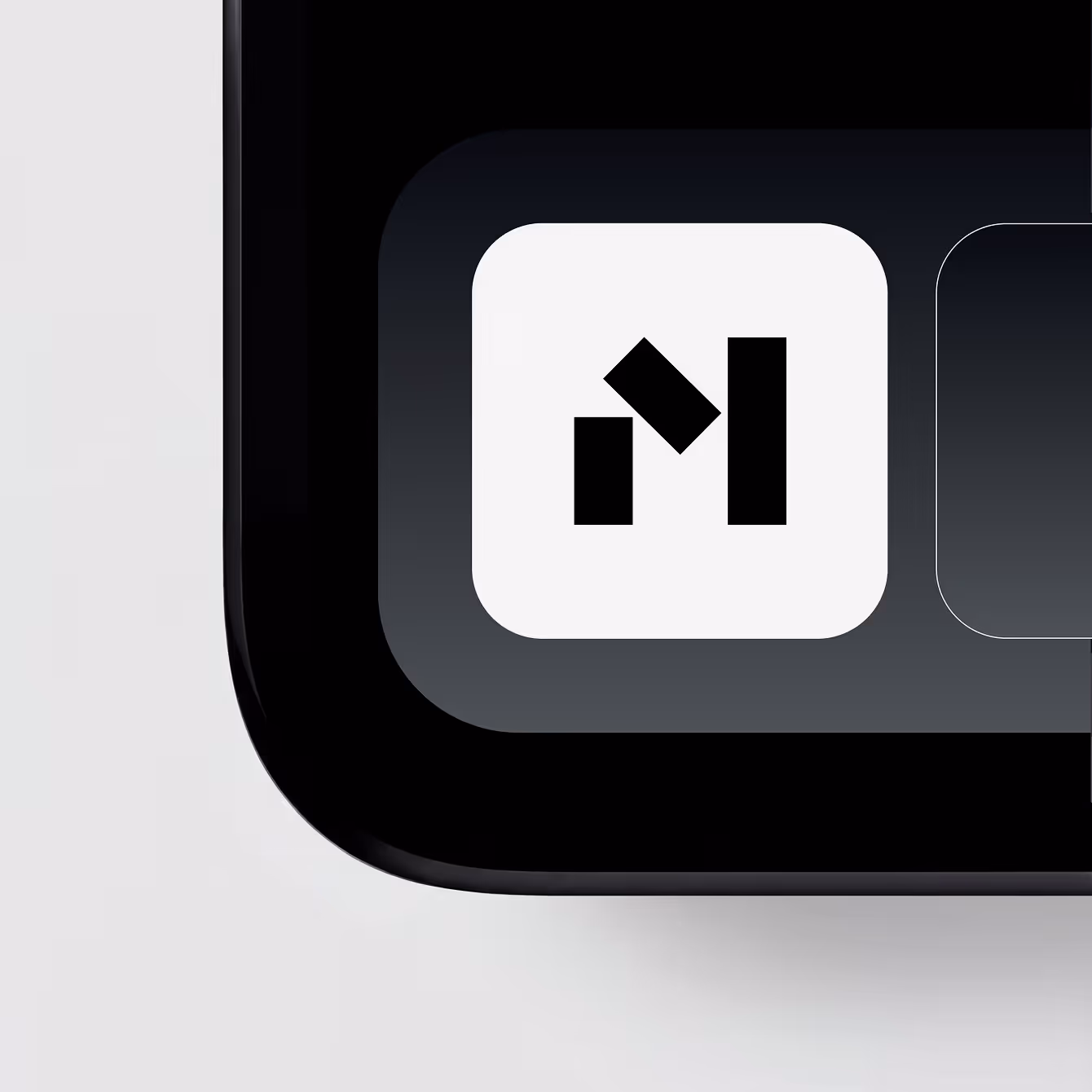 Close-up of a black and white app icon with three black rectangular shapes on a smartphone screen.