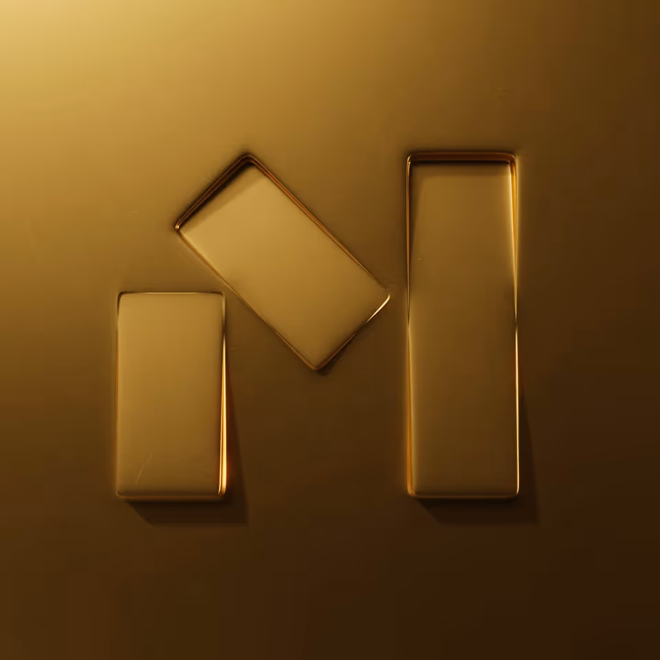 Three polished gold bars, two upright and one angled diagonally between them, on a gold surface.
