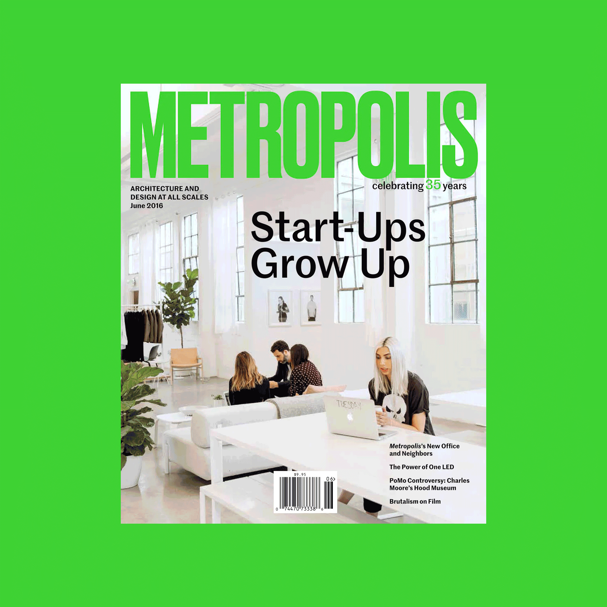 Metropolis magazine cover showing a modern office space with four people working, bright windows, and green plants.