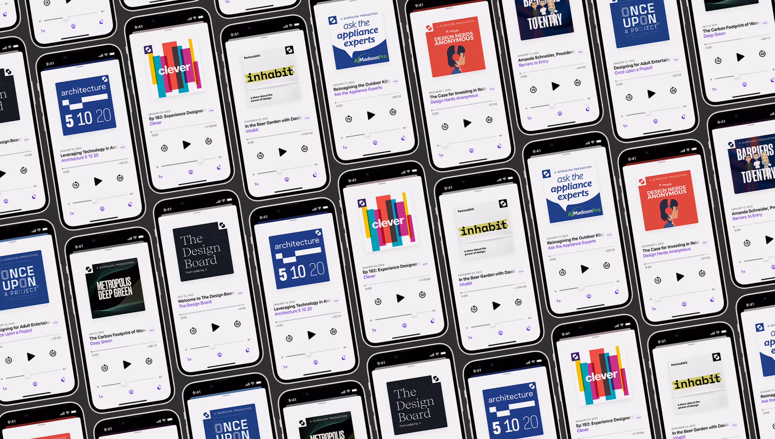 Multiple smartphone screens displaying various podcast episodes and covers in a repeating pattern.