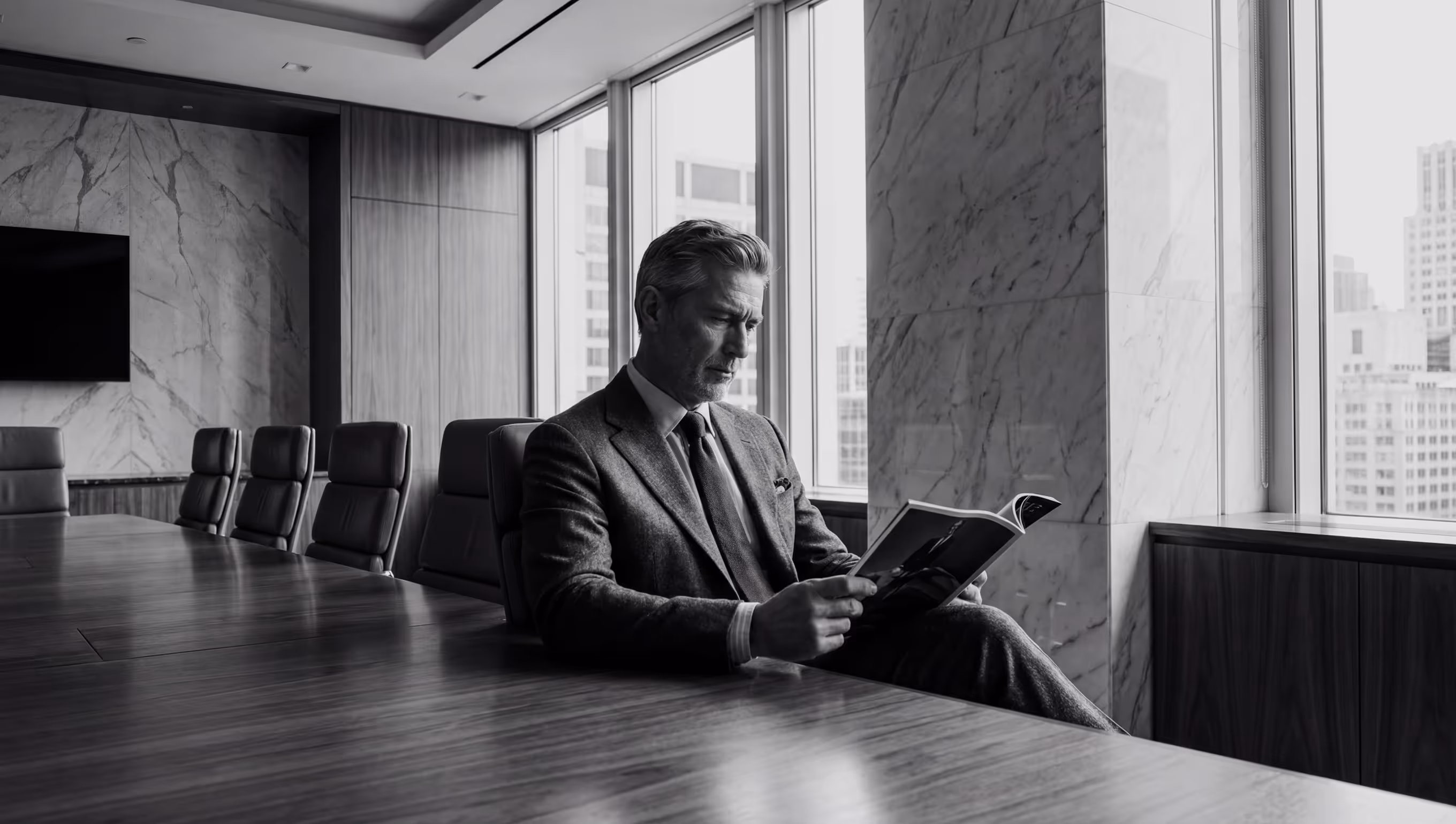 Middle-aged man in a suit reading a magazine in a modern conference room with marble walls and large windows.