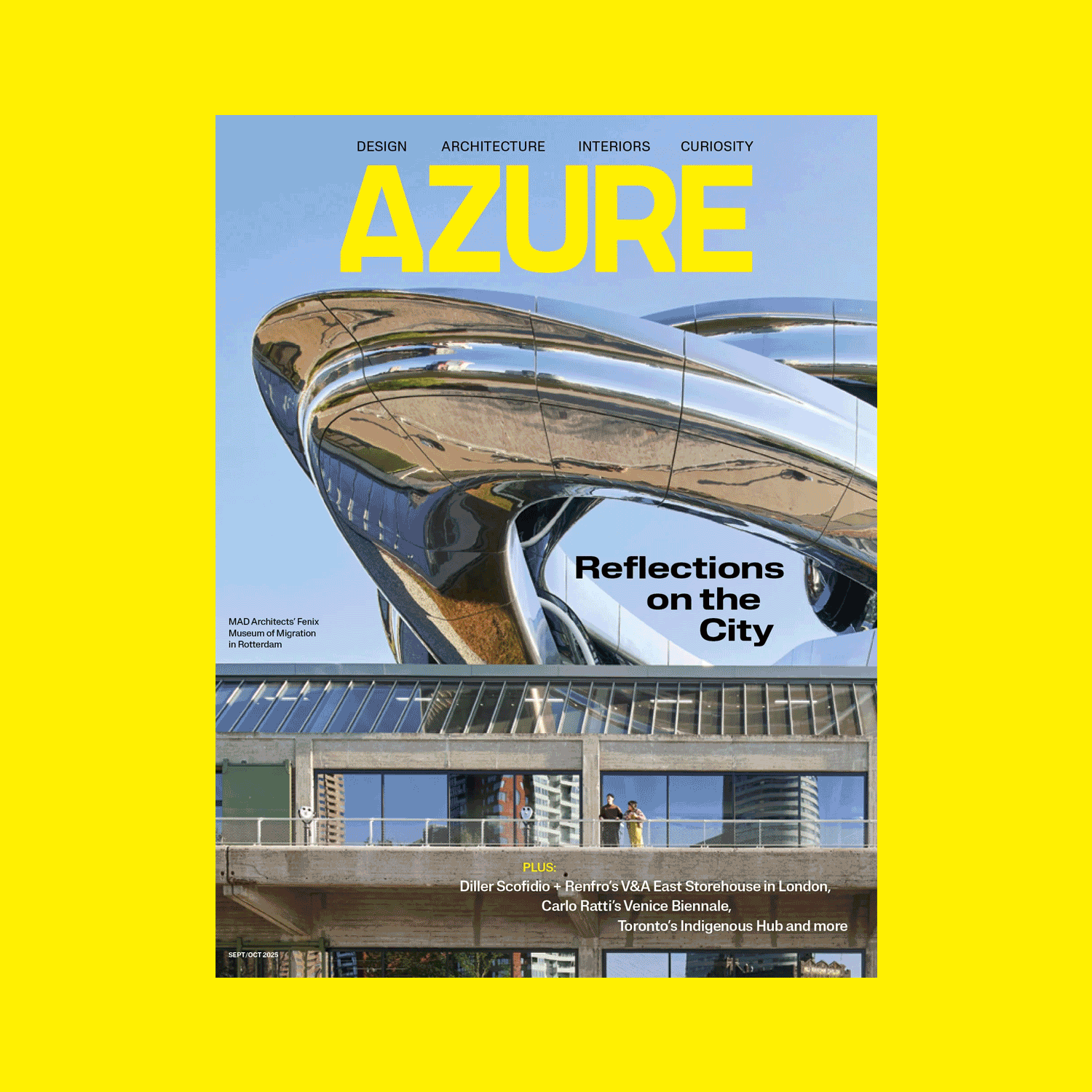 Cover of Azure magazine featuring MAD Architects' reflective, futuristic Fenix Museum of Migration in Rotterdam under a clear blue sky.