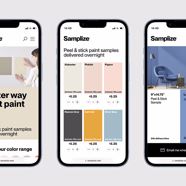 Smartphone screen displaying paint sample options from Samplize, including colors Alabaster, Pinkish, Pigeon, Repose Gray, Carnival, and Silver Blue with prices and quantity selectors.