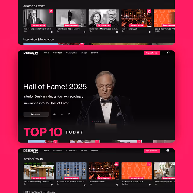 Web page showing Awards & Events carousel with Hall of Fame inductees and Interior Design Hall of Fame 2025 video featuring a man in a tuxedo speaking.