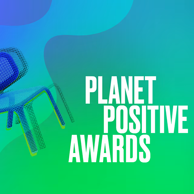 Graphic with the text 'Planet Positive Awards' next to a stylized blue chair on a gradient blue and green background.