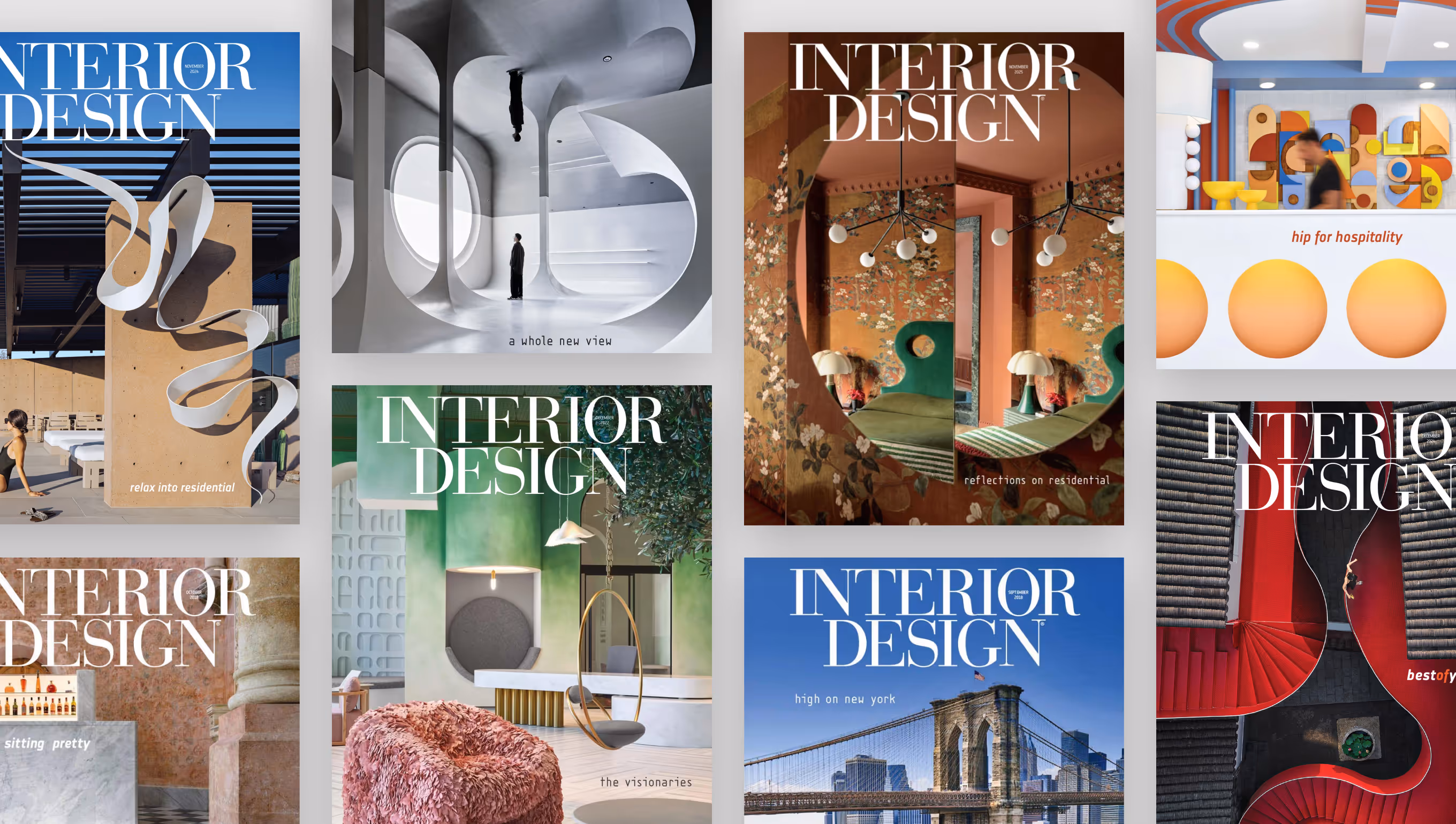 Collage of seven Interior Design magazine covers featuring various modern and artistic interior spaces, including abstract architecture, colorful furnishings, and urban scenes.