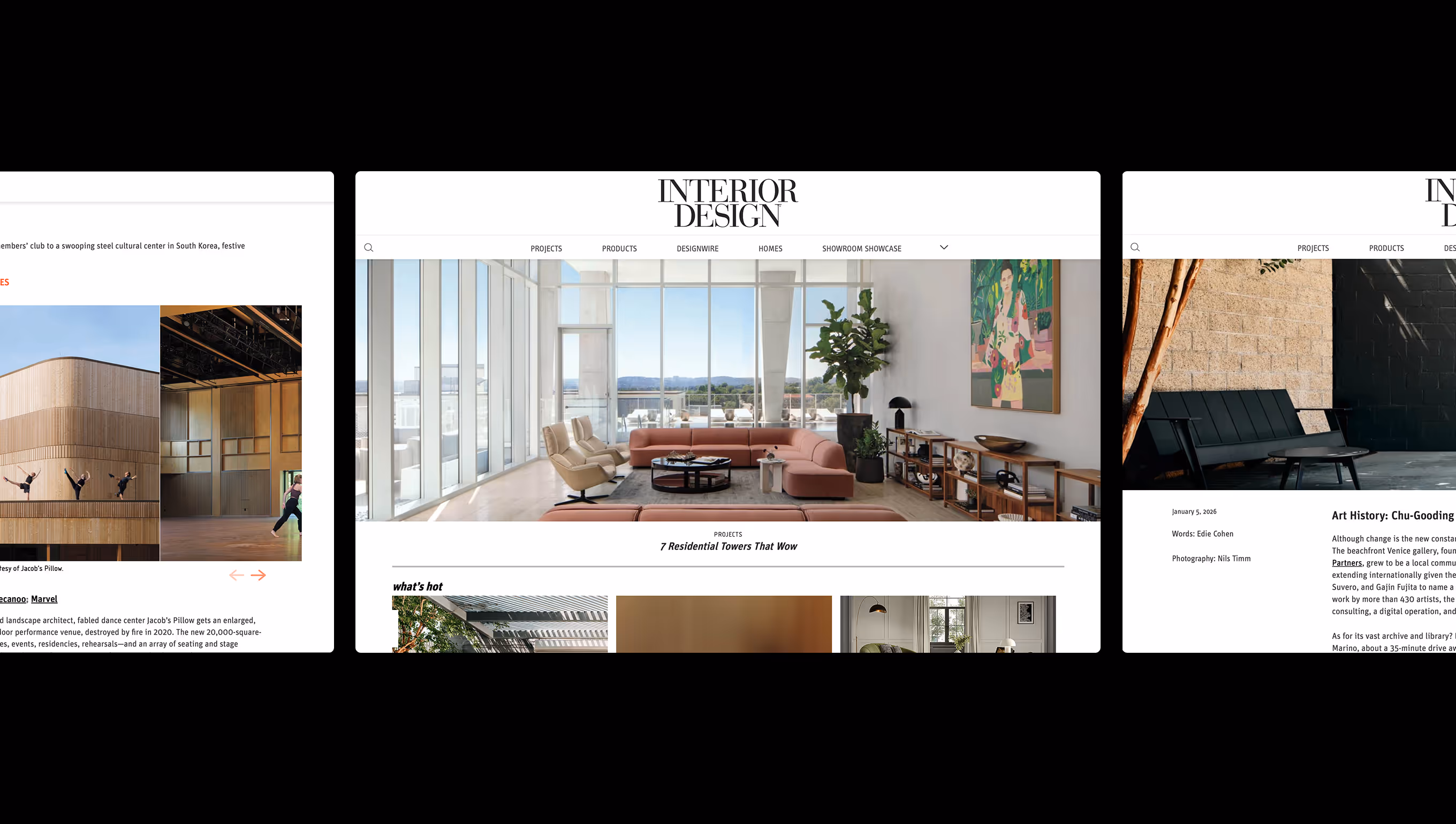Three webpage screenshots from Interior Design magazine showing a modern residential interior with large windows and a pink sofa, a wooden cultural center, and an outdoor seating area with a black bench and a tree.