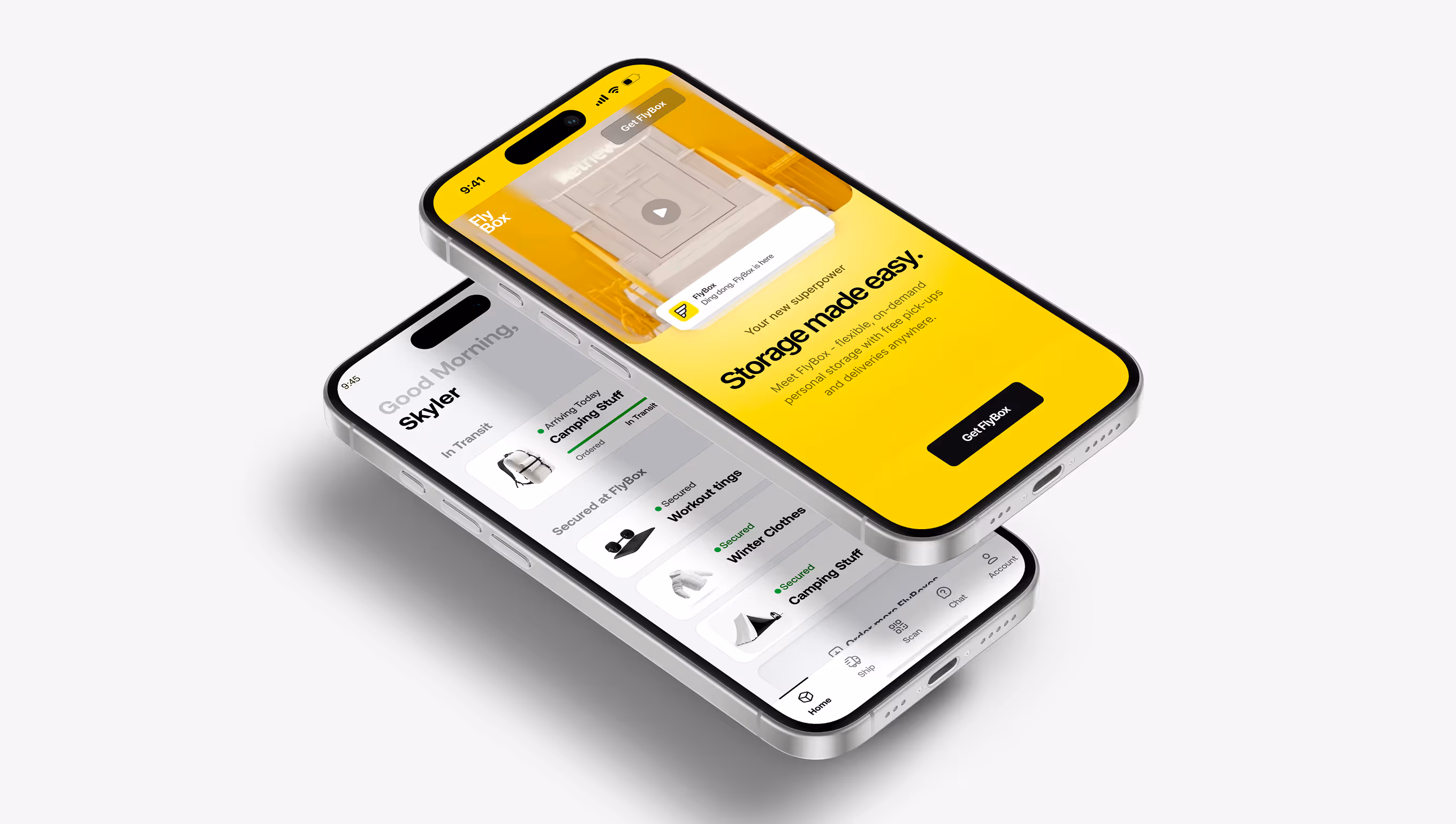 Two modern smartphones stacked diagonally showing a storage app interface with a bright yellow screen promoting FlyBox storage service and a white screen listing secured items like camping gear and winter clothes.