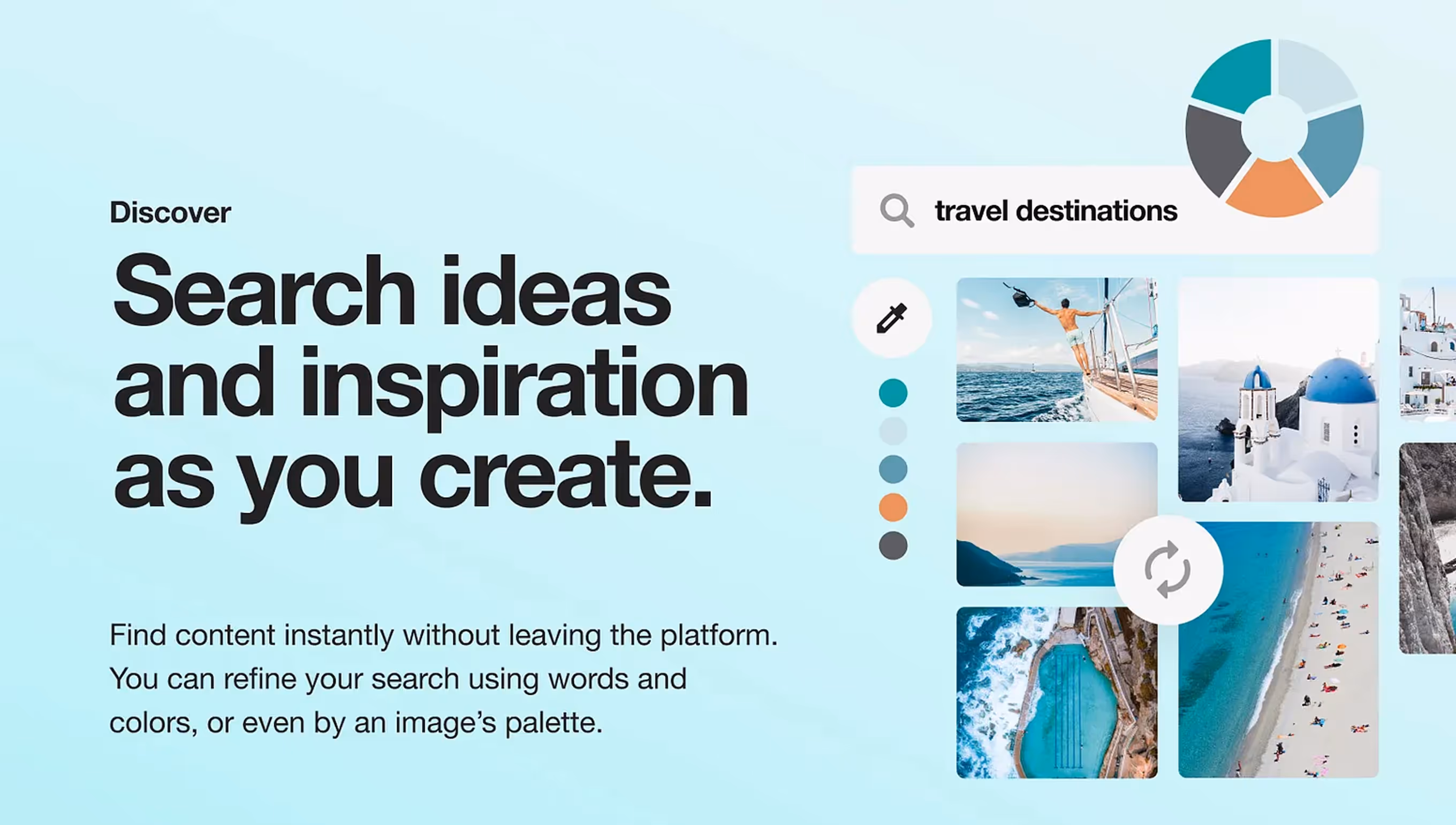 Interface showing a search bar with 'travel destinations', color palette options, and images of coastal and beach scenes alongside text about searching ideas and inspiration.
