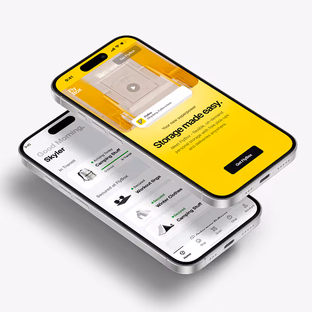 Two iPhones displaying the FlyBox app interface for on-demand personal storage, featuring a yellow screen with a box and a white screen listing stored items like workout things and winter clothes.