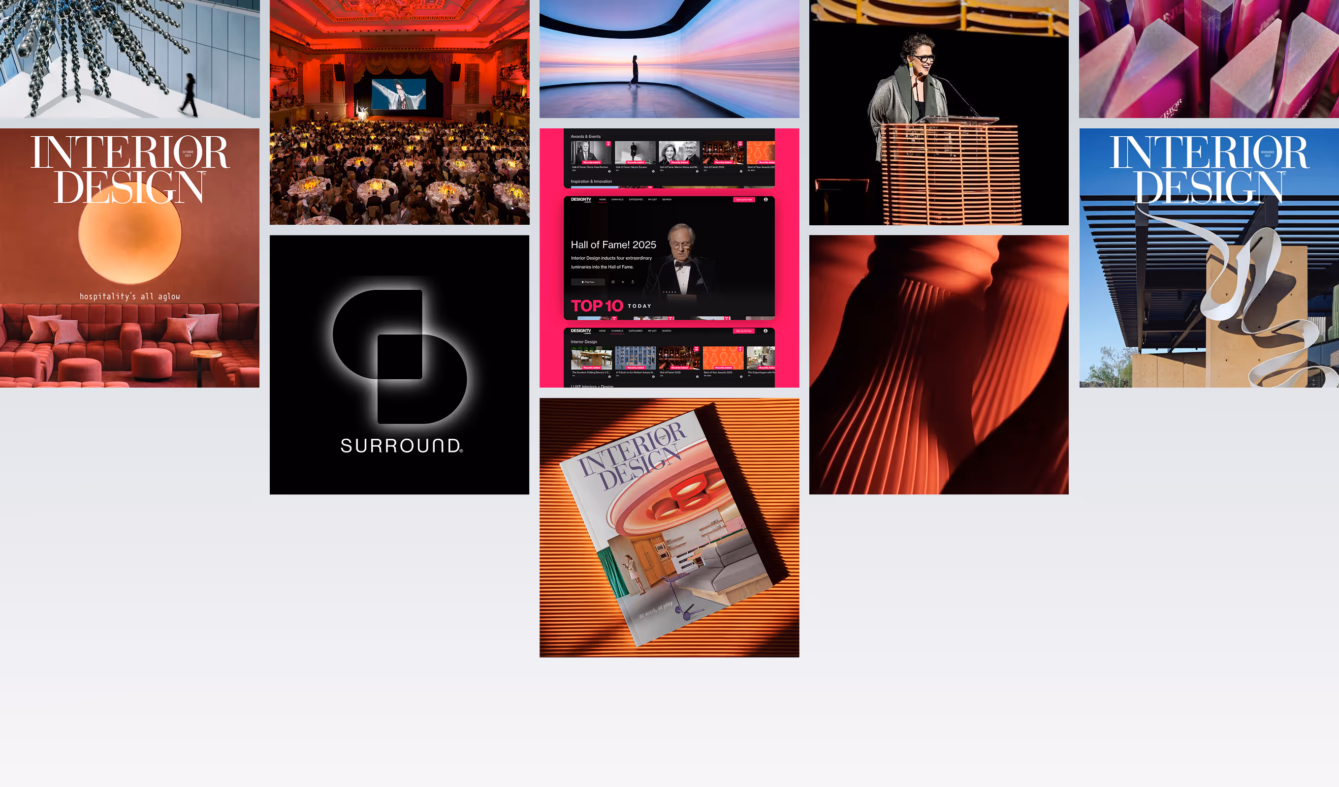 Collage featuring Interior Design magazine covers, event scenes, a speaker at a podium, abstract sculptures, and the Surround logo.