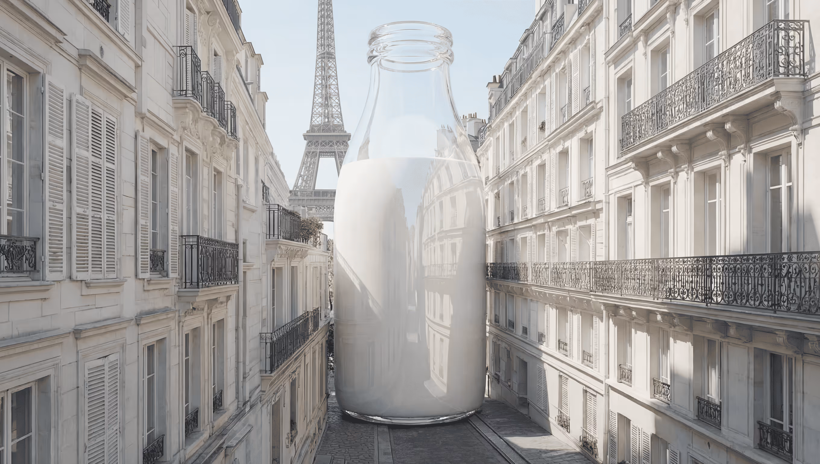 Giant glass milk bottle filling a narrow Paris street with the Eiffel Tower in the background.