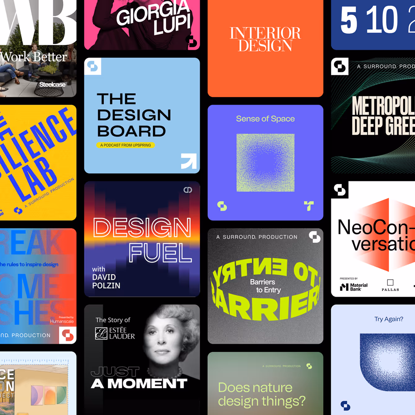 Collage of colorful podcast and design-related show covers including titles like The Design Board, Design Fuel, Barriers to Entry, and Just a Moment with Estée Lauder.