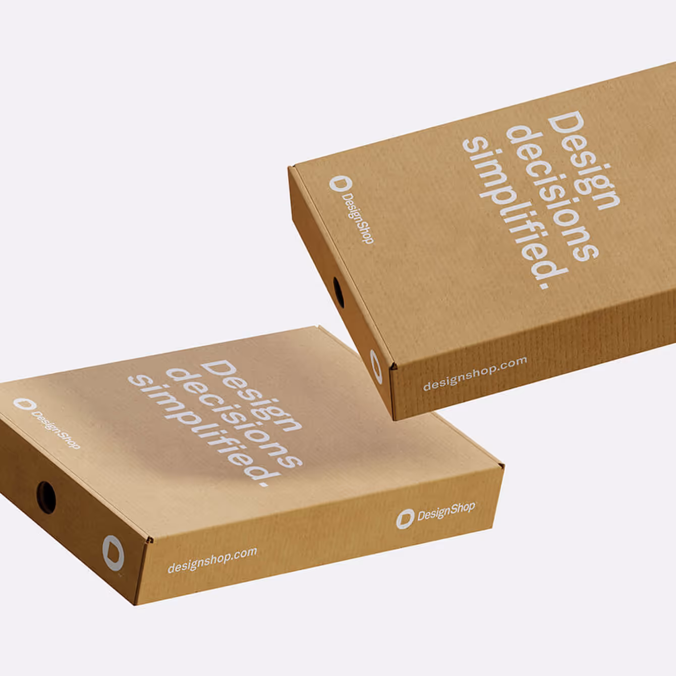 Two brown cardboard boxes with white text saying 'Design decisions simplified.' and DesignShop branding.
