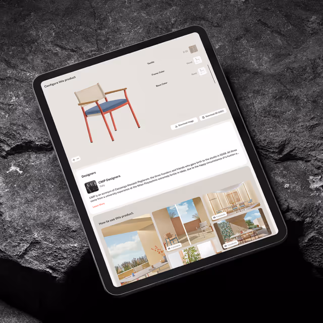 Tablet displaying a furniture configurator app with a chair model and options for textile, frame color, and base color on a dark stone surface.