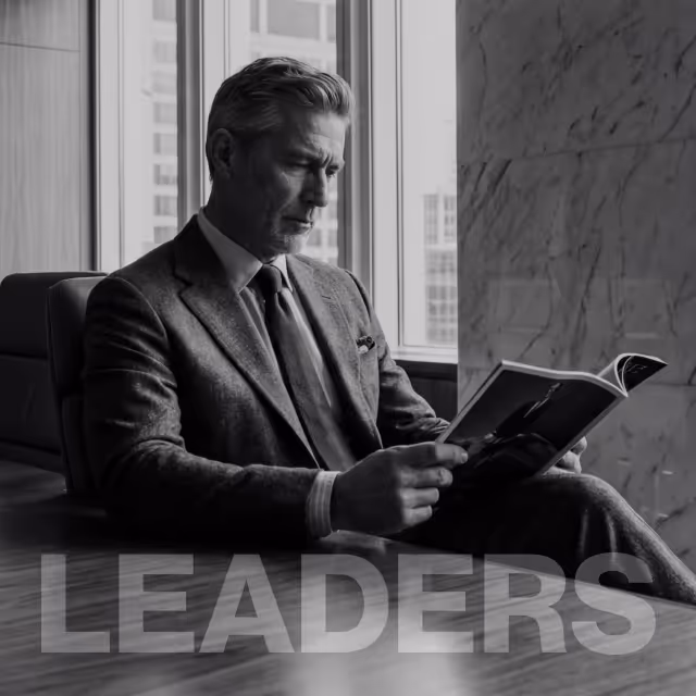 Black and white photo of a mature man in a suit reading a magazine while seated indoors by a window, with the word LEADERS faintly overlaid.
