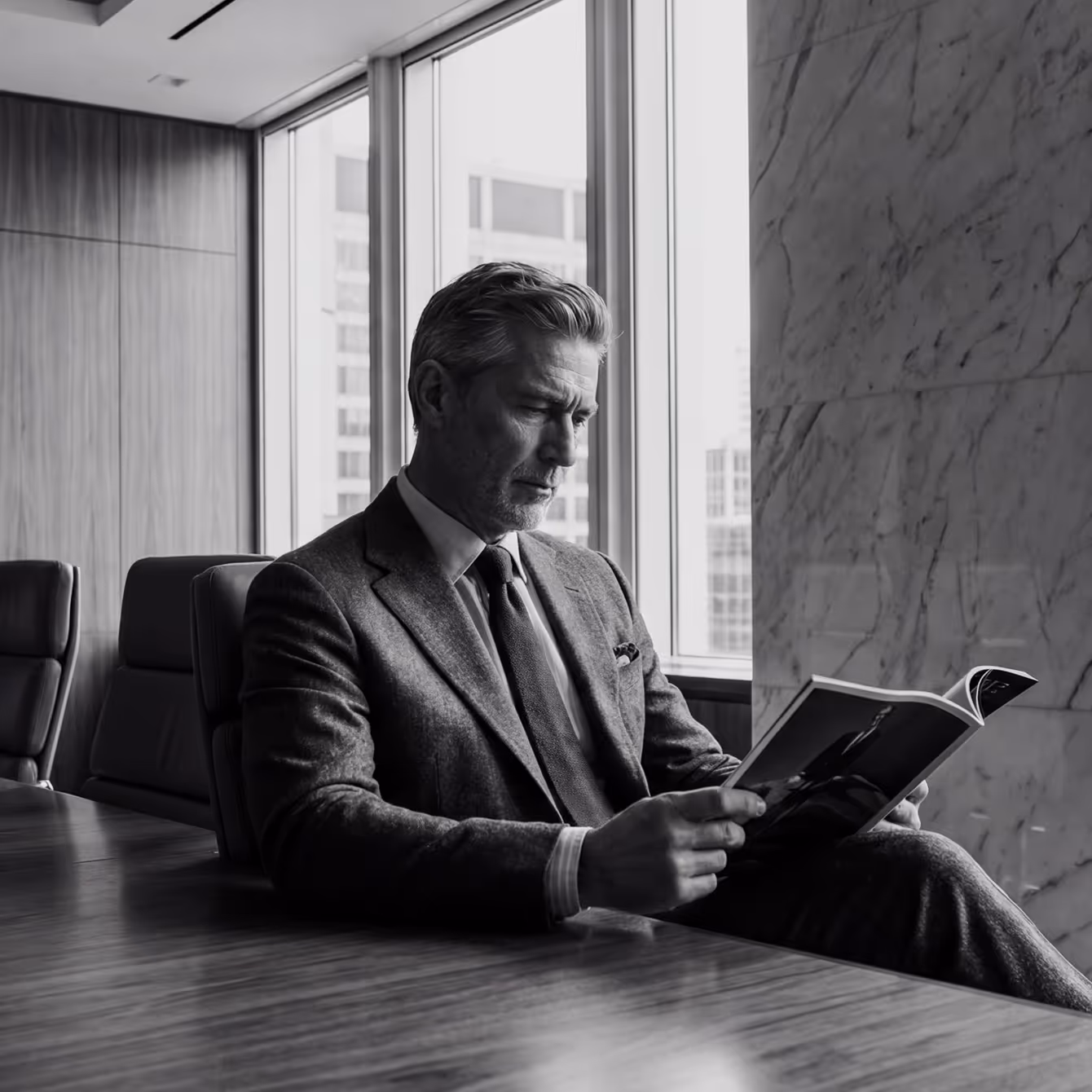 Middle-aged man in a suit reading a magazine in a modern office with wooden and marble walls.
