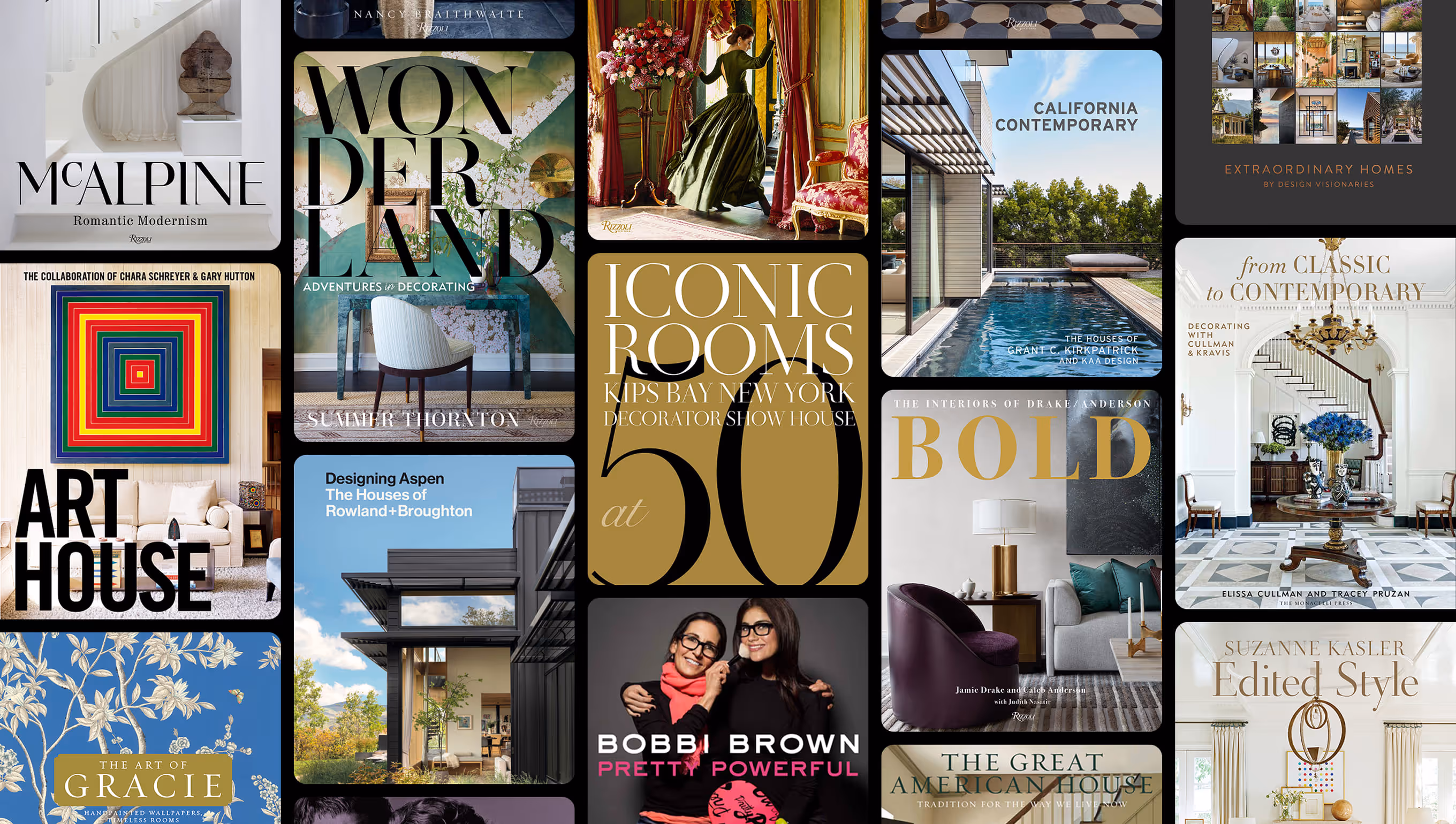 Collage of various interior design and home décor book covers featuring modern, classic, and contemporary styles.