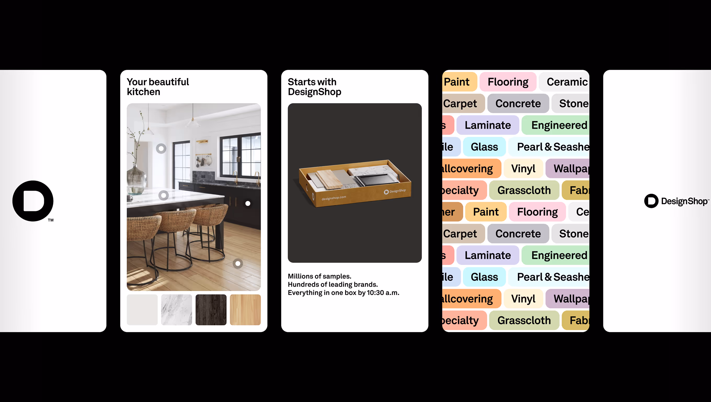 DesignShop collage showing a modern kitchen with island and chairs, a box of material samples, and colorful tiles with flooring and paint options.