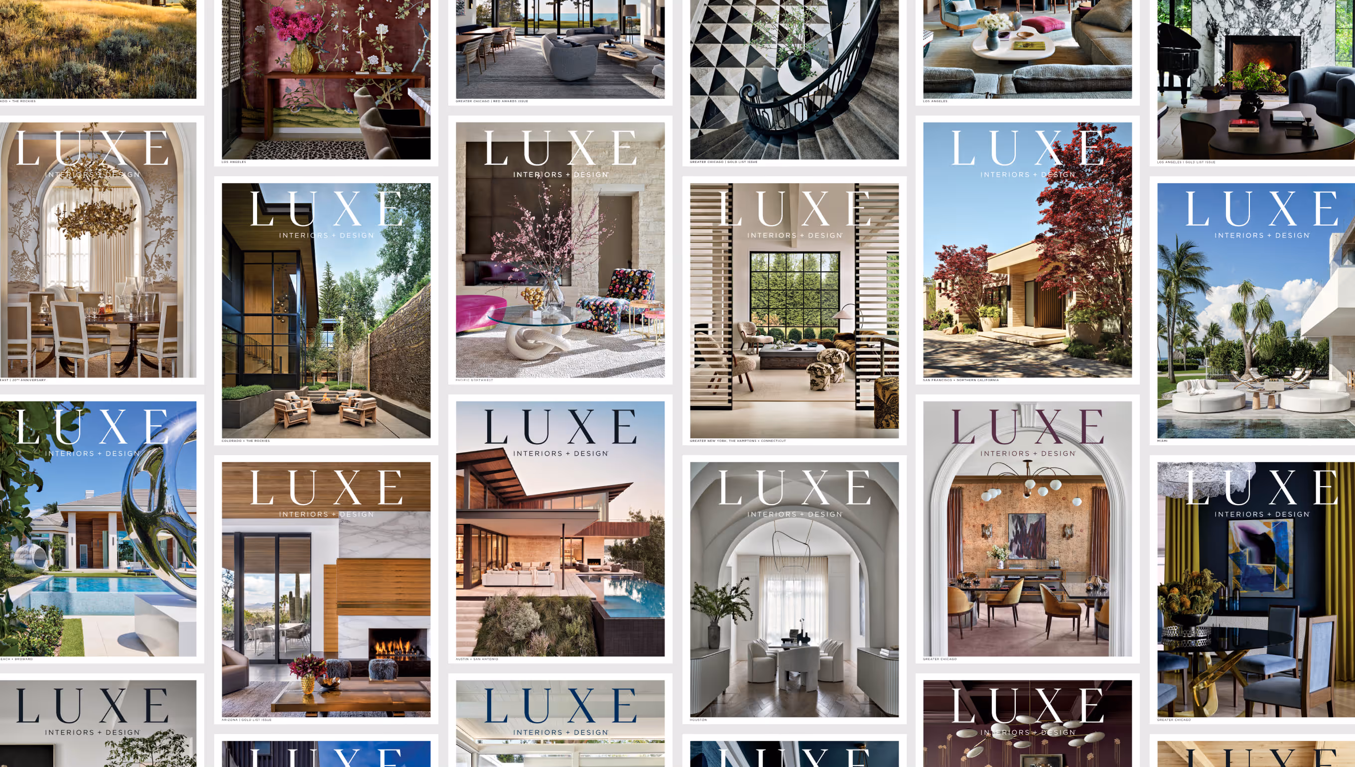 Collage of various LUXE Interiors + Design magazine covers featuring elegant interior and exterior design scenes.