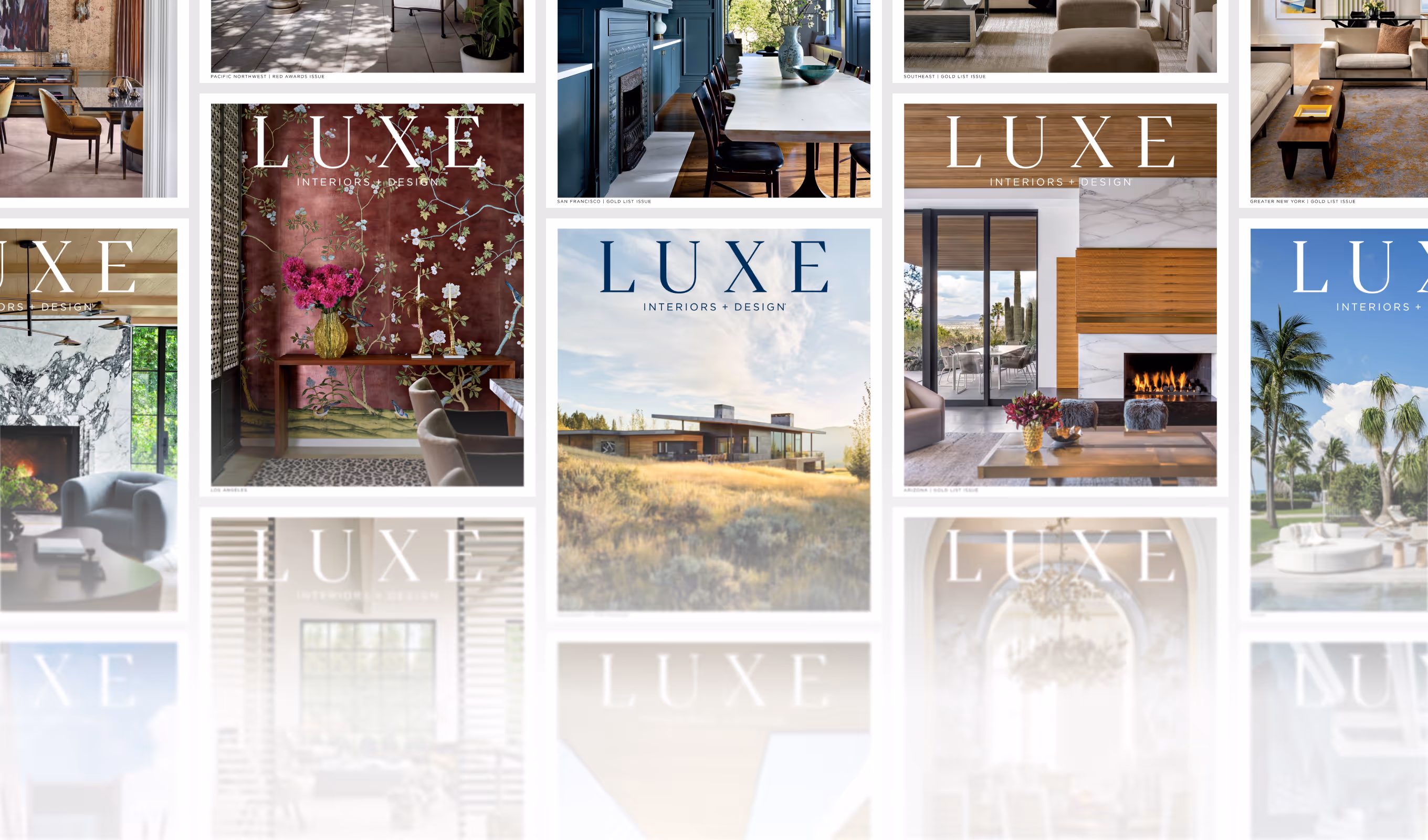 Collage of LUXE Interiors + Design magazine covers featuring stylish interiors and modern architecture.