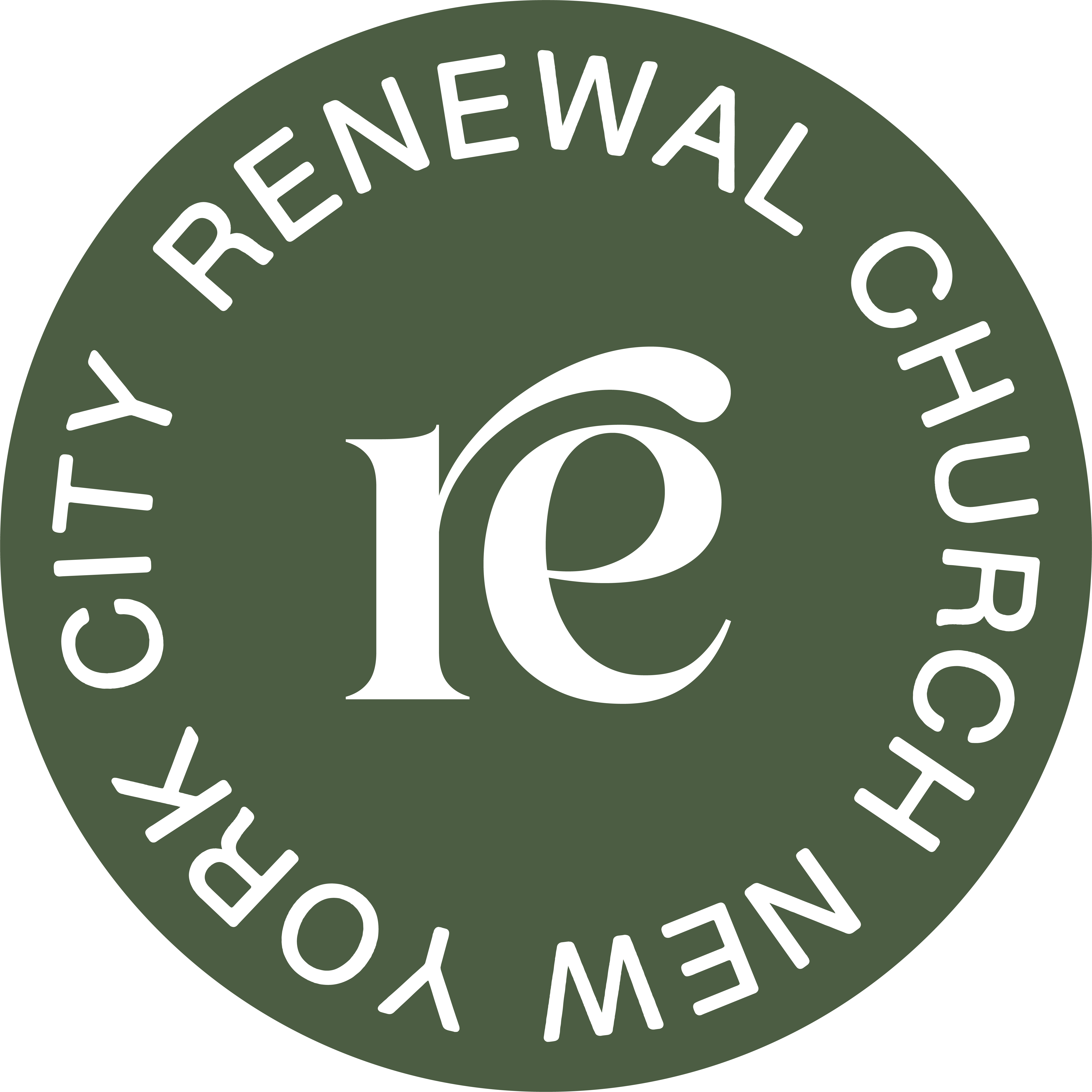 Circular logo with stylized lowercase letters 're' in the center and the text 'Renewal Church New York City' around the edge on a dark green background.