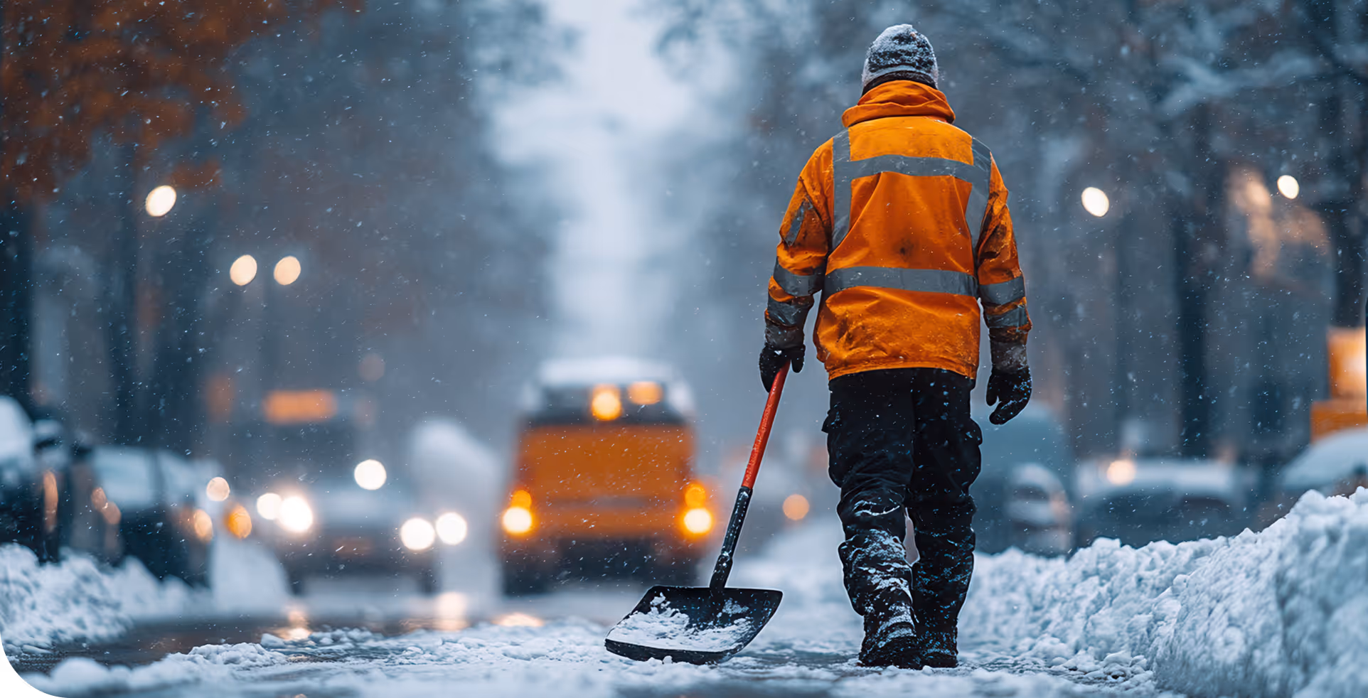Eine Person in orangefarbener Warnjacke schaufelt Schnee auf einer verschneiten Straße mit Fahrzeugen im Hintergrund.