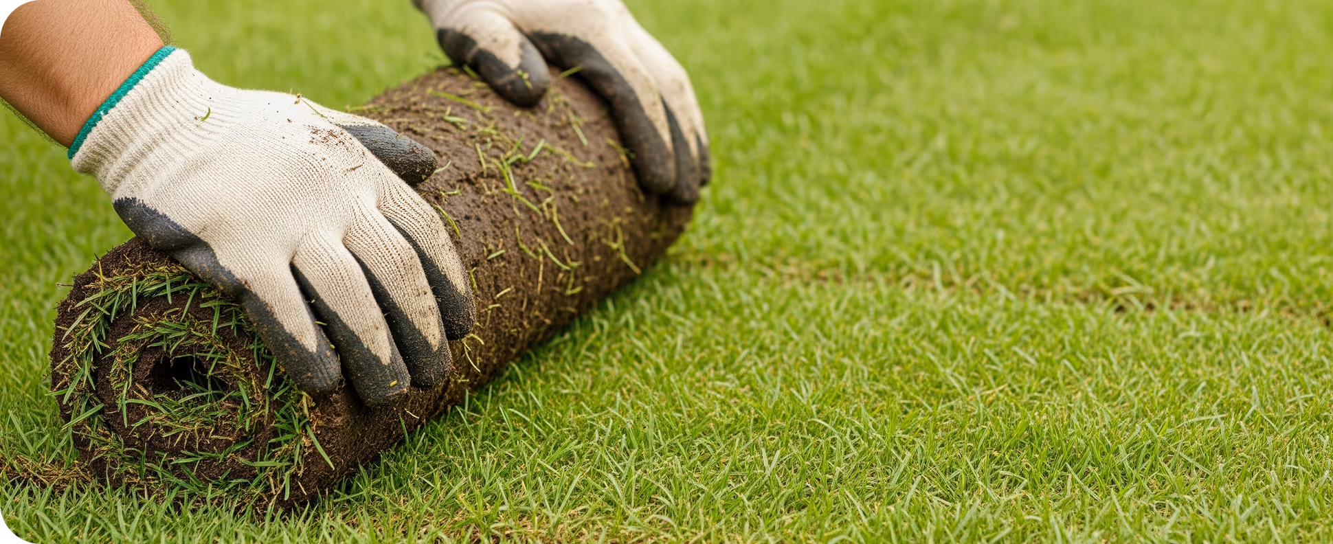 Hände mit Handschuhen rollen frischen Rollrasen auf einem grünen Rasen aus.