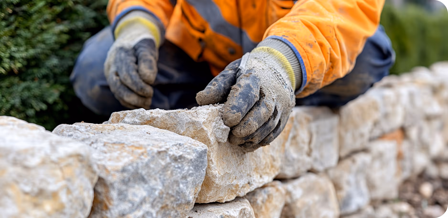 Handwerker mit schmutzigen Handschuhen legt einen Stein auf eine Steinmauer.