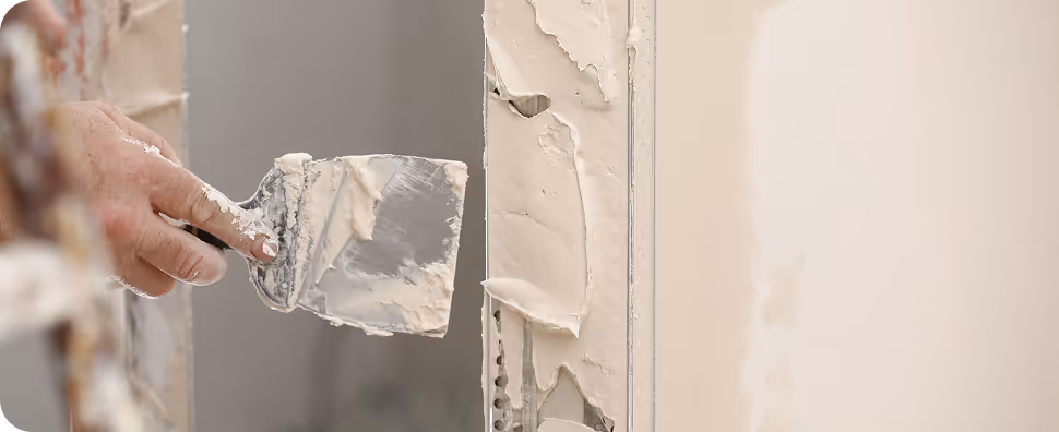 Hand trägt mit Spachtel frischen Putz auf eine Wand auf.